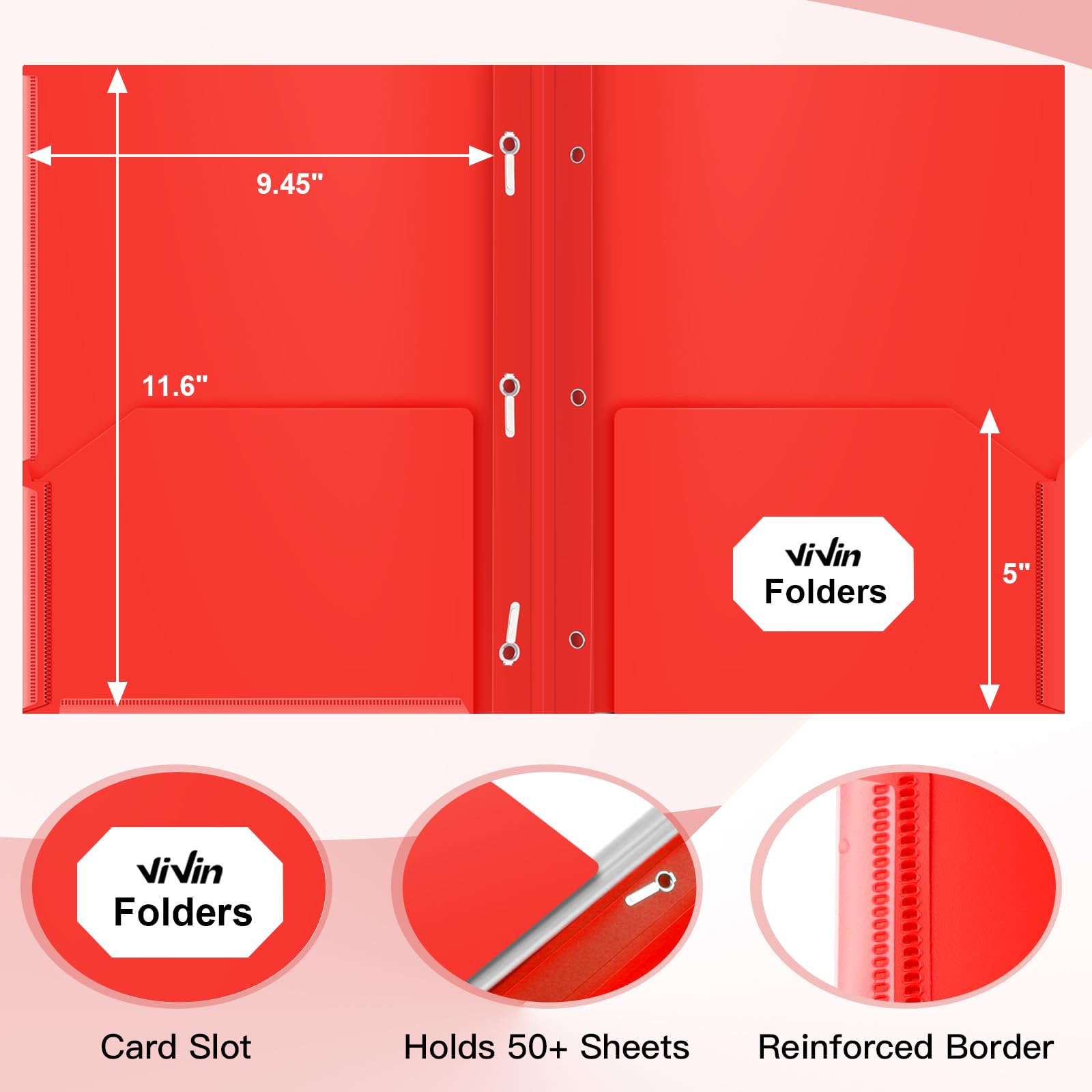 [6 & 60 Pack] ViVin Heavy Duty Folders with Clear Front Pocket, Plastic Folder with fastener