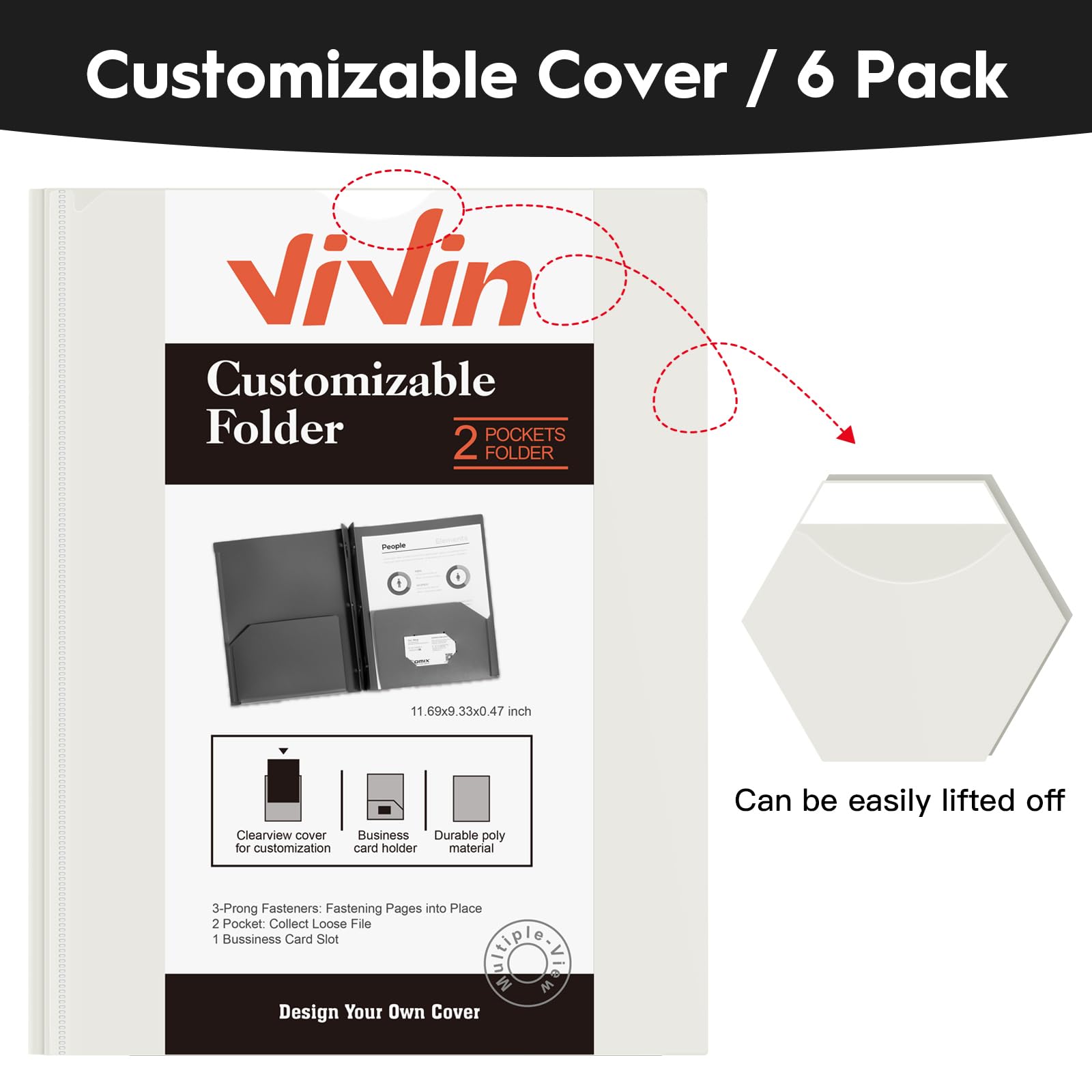 [6 & 60 Pack] ViVin Heavy Duty Folders with Clear Front Pocket, Plastic Folder with fastener