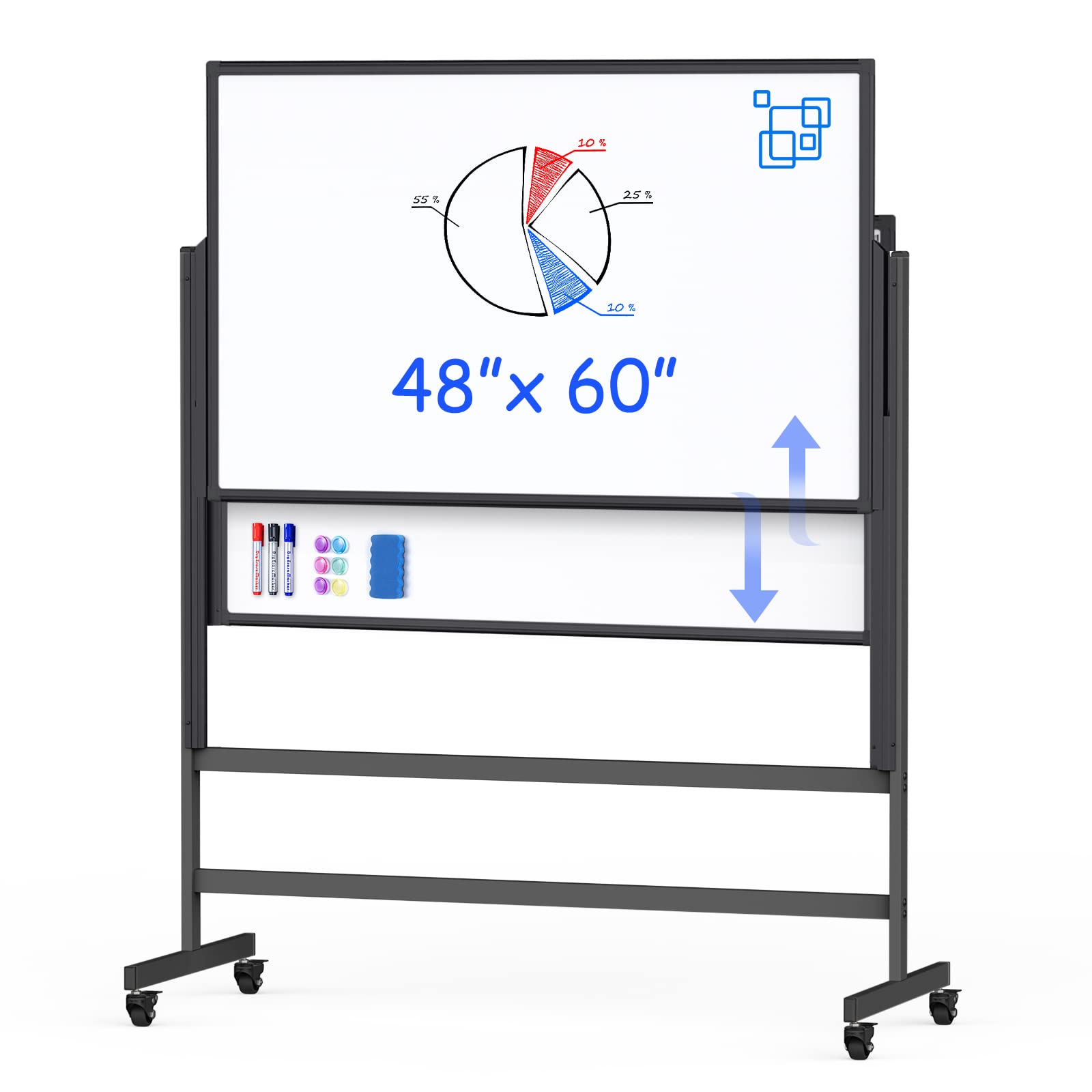 [1 Set] Double Sided Dry Erase Whiteboard, Large Standing Easel, Rolling & Height Adjustable