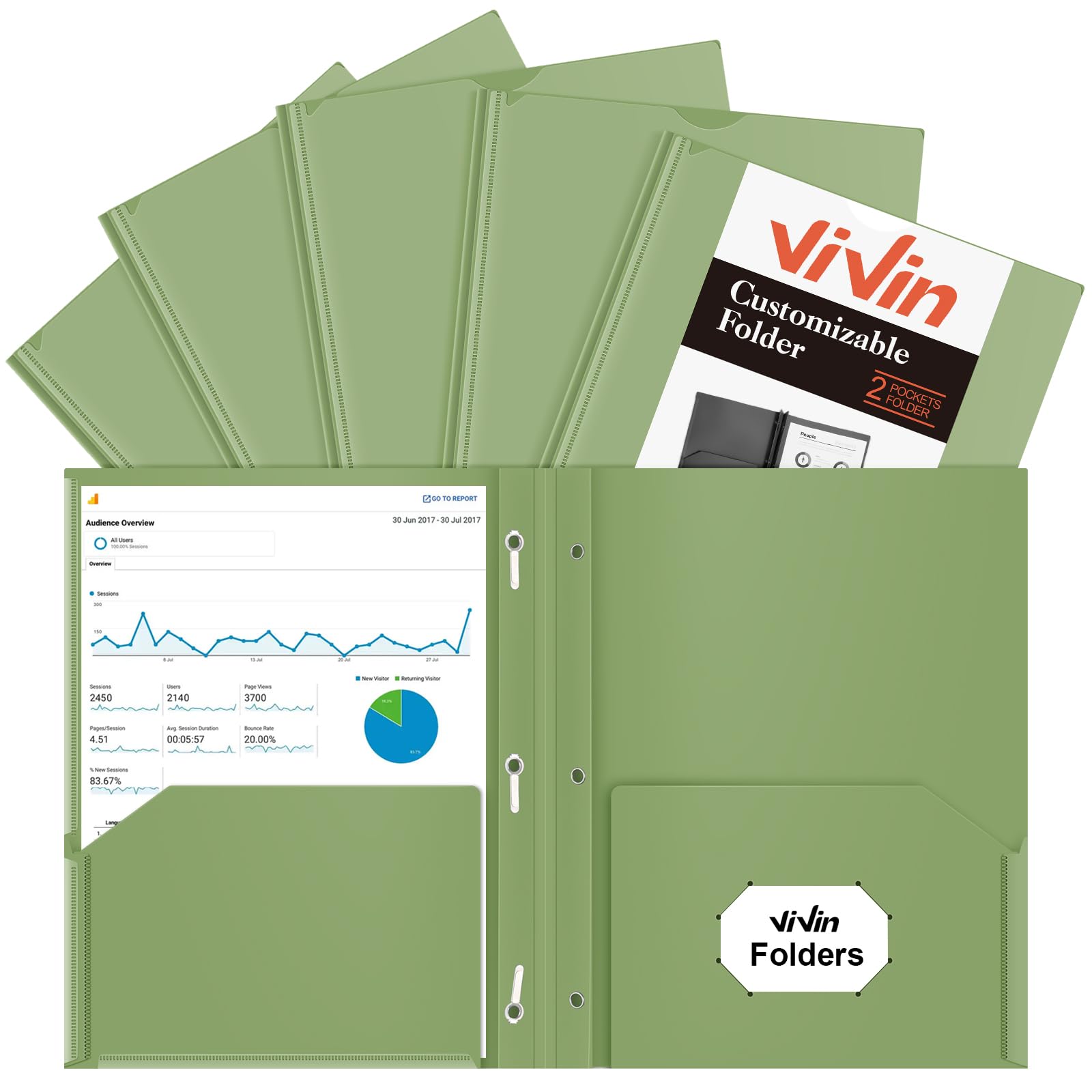 [6 & 60 Pack] ViVin Heavy Duty Folders with Clear Front Pocket, Plastic Folder with fastener