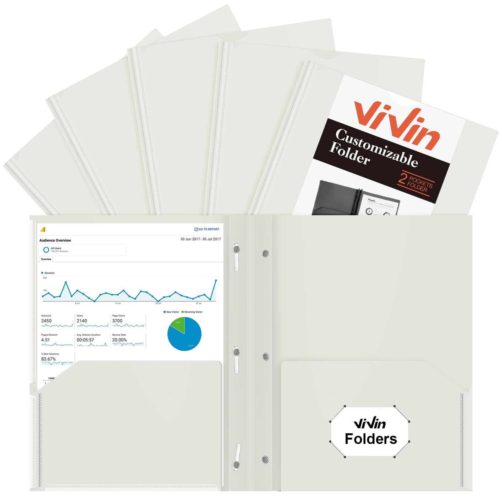 [6 & 60 Pack] ViVin Heavy Duty Folders with Clear Front Pocket, Plastic Folder with fastener
