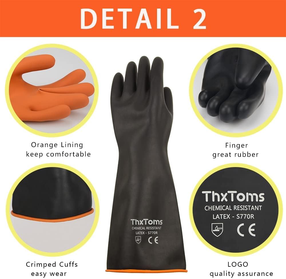 [1 Pair] Heavy Duty Latex Gloves, Resist Strong Acid, Alkali and Oil