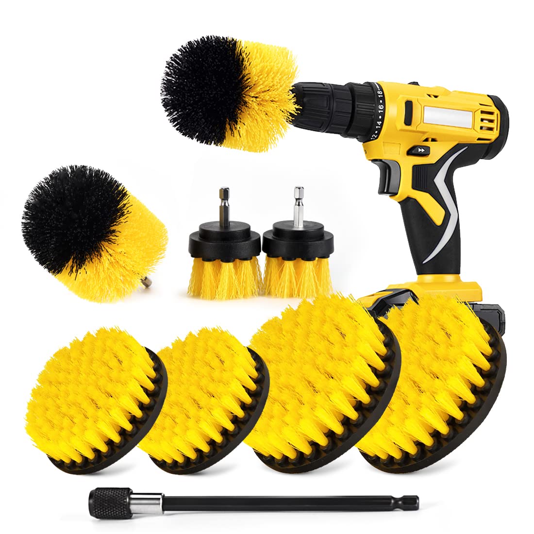 4-Piece Cleaning Brush Set - 2-In, 3.5-In, 4-In, 5-Ih Round Flat Brushes and 6-In Extended Reach Attachment for Drill