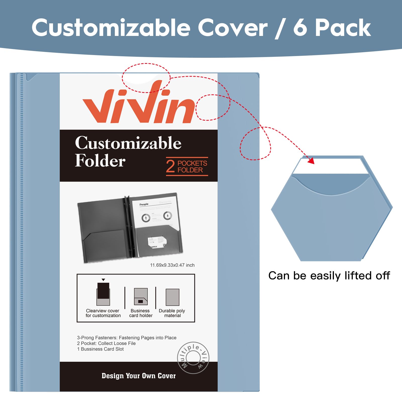 [6 & 60 Pack] ViVin Heavy Duty Folders with Clear Front Pocket, Plastic Folder with fastener