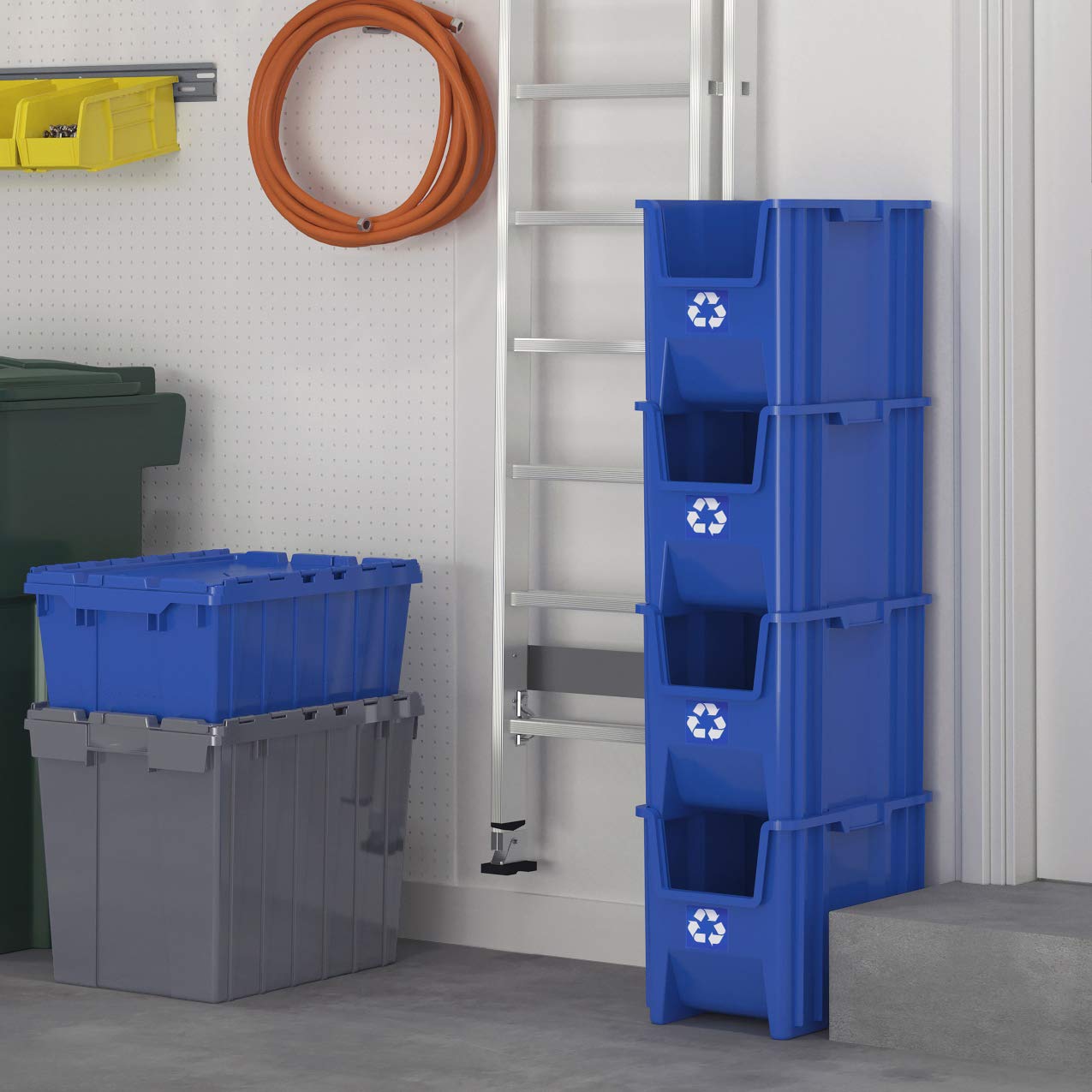 ReadySpace Commercial Stackable Open-Front Recycling Bin Box Containers, 7/12.5 Gallon, 3 Pack / 4 Pack