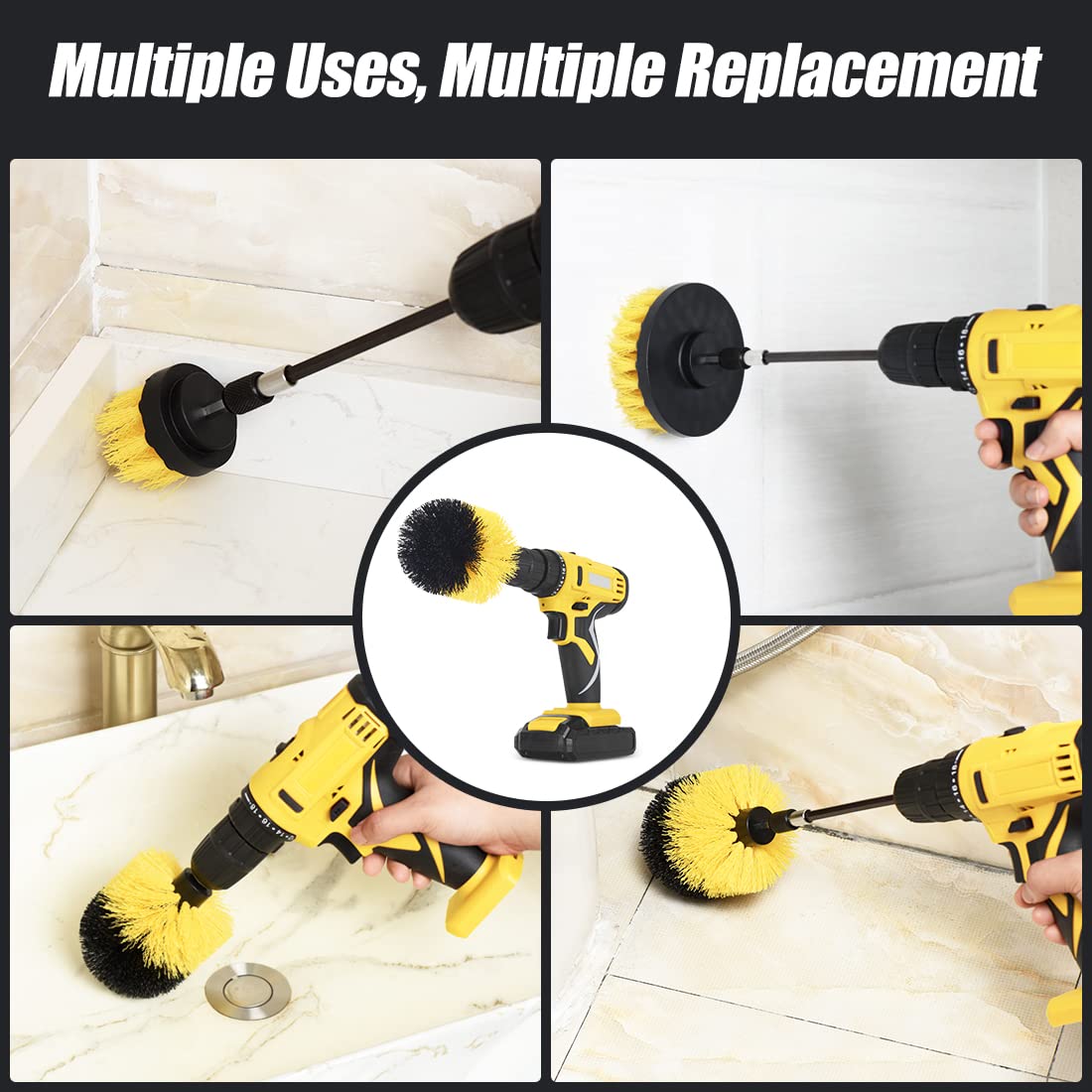 4-Piece Cleaning Brush Set - 2-In, 3.5-In, 4-In, 5-Ih Round Flat Brushes and 6-In Extended Reach Attachment for Drill