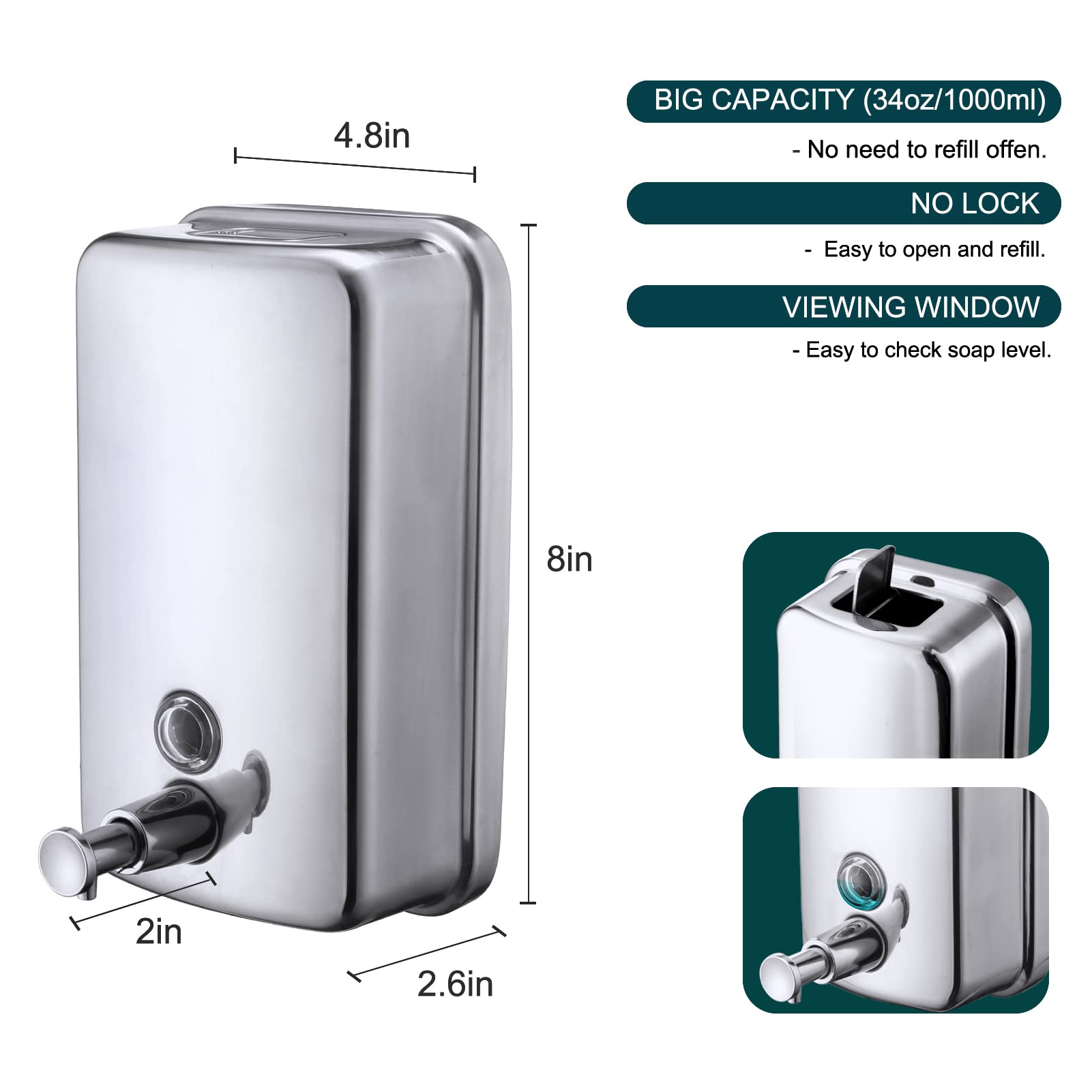 Commercial Soap Dispenser Wall Mount Stainless Steel (17 Fl Oz / 34 Fl Oz)