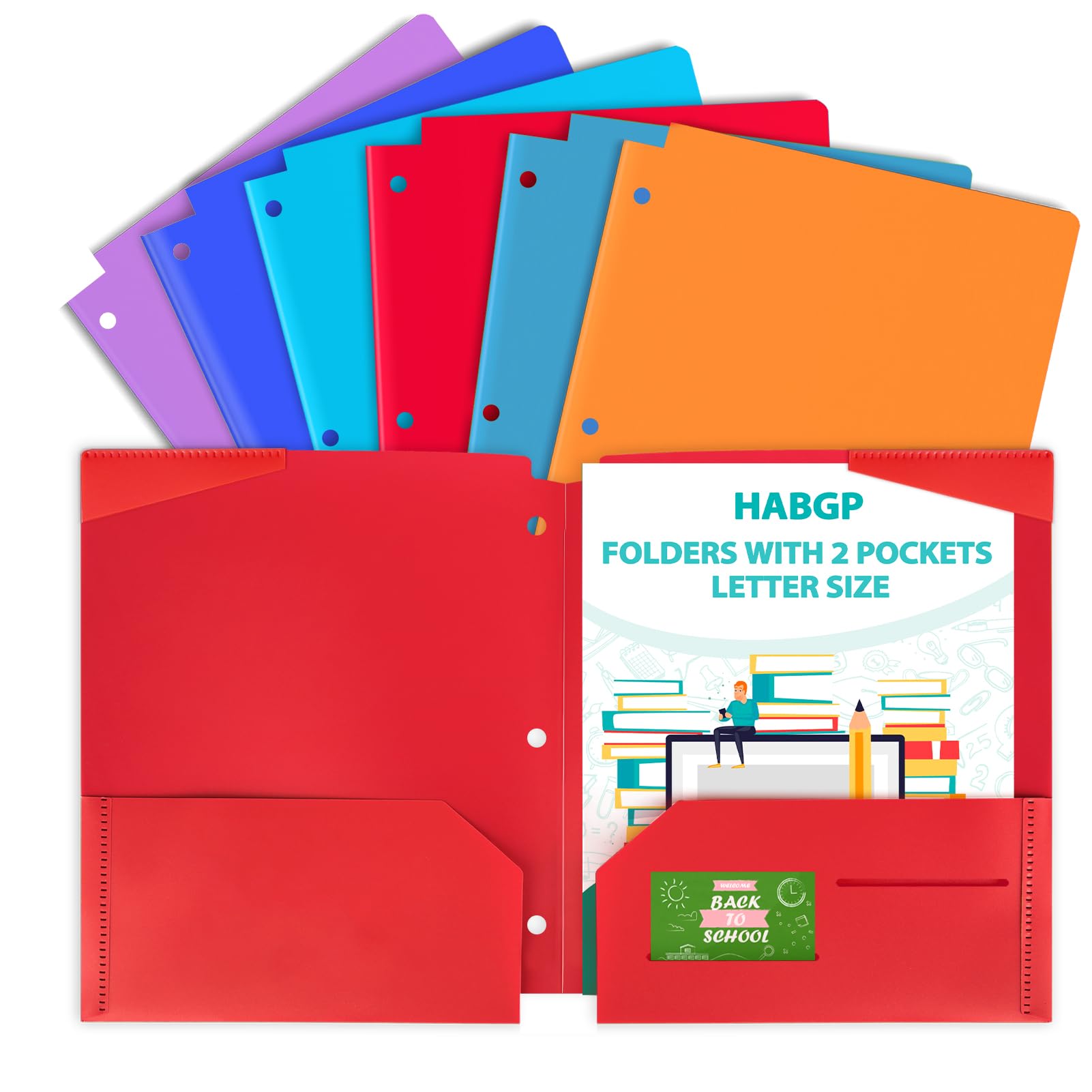 [6 & 12 Pack] Habgp Plastic Folders with Pockets for 3 Hole Punched Binder Folder, 6 Color