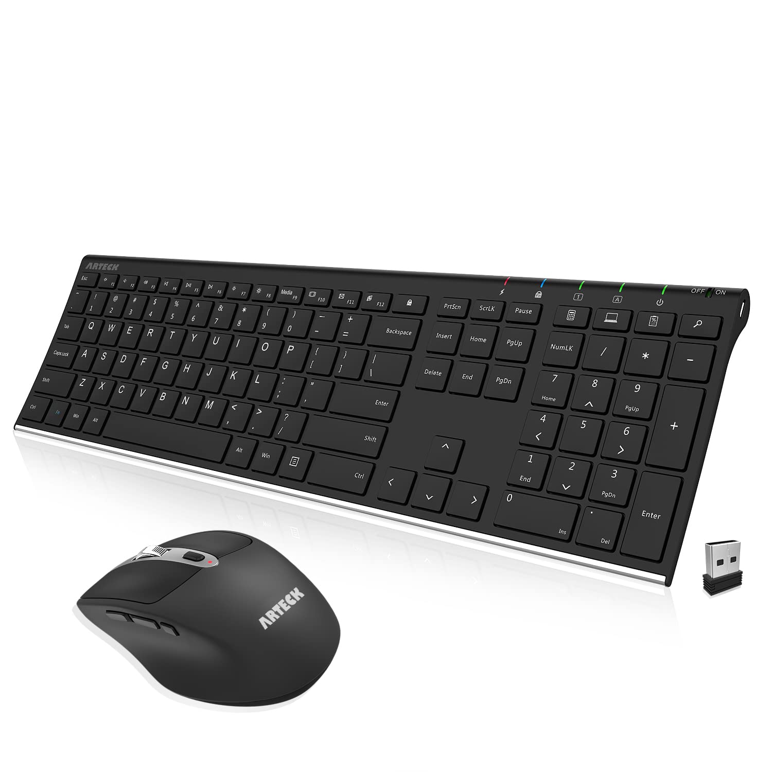 2.4G Wireless Keyboard and Mouse Combo Stainless Full Size Keyboard, 11/10/8/7 Build in Rechargeable Battery