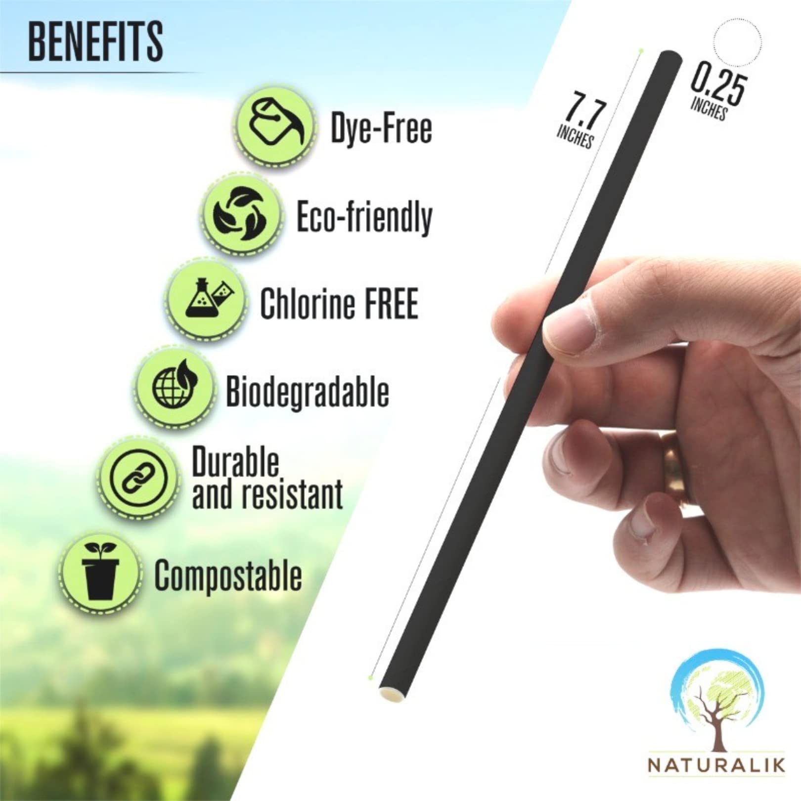 [1000 CT] Biodegradable Extra Durable Dye-Free, Eco-Friendly Black Paper Straws