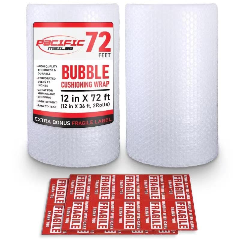 Bubble Cushioning Wrap Pacific Mailer 5/16 Inch x 12 Inch x 72 ft - Total [2 Rolls of 36 Feet]