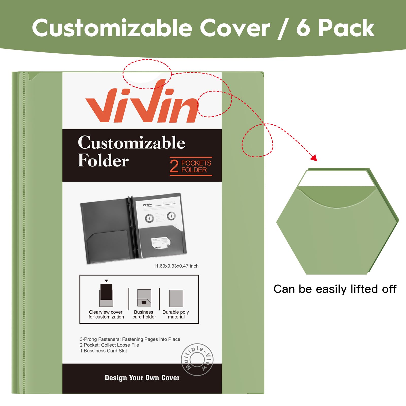 [6 & 60 Pack] ViVin Heavy Duty Folders with Clear Front Pocket, Plastic Folder with fastener