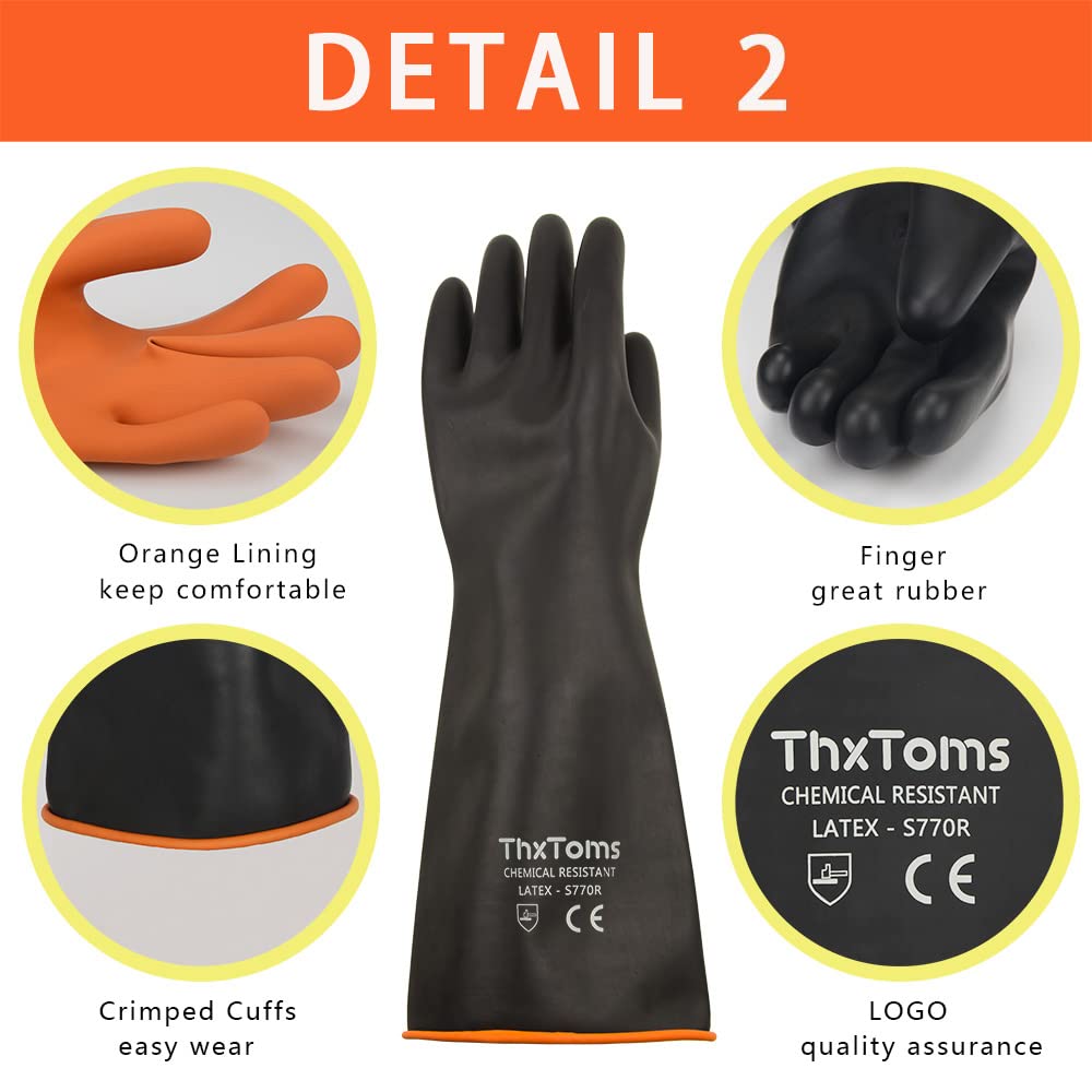 [1 Pair] Heavy Duty Latex Gloves, Resist Strong Acid, Alkali and Oil