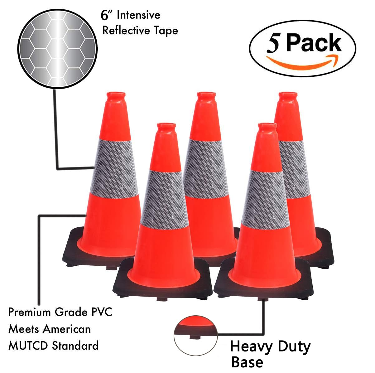 [5 / 8 Packs] PVC Traffic Cones, Black Base Construction Safety Cones