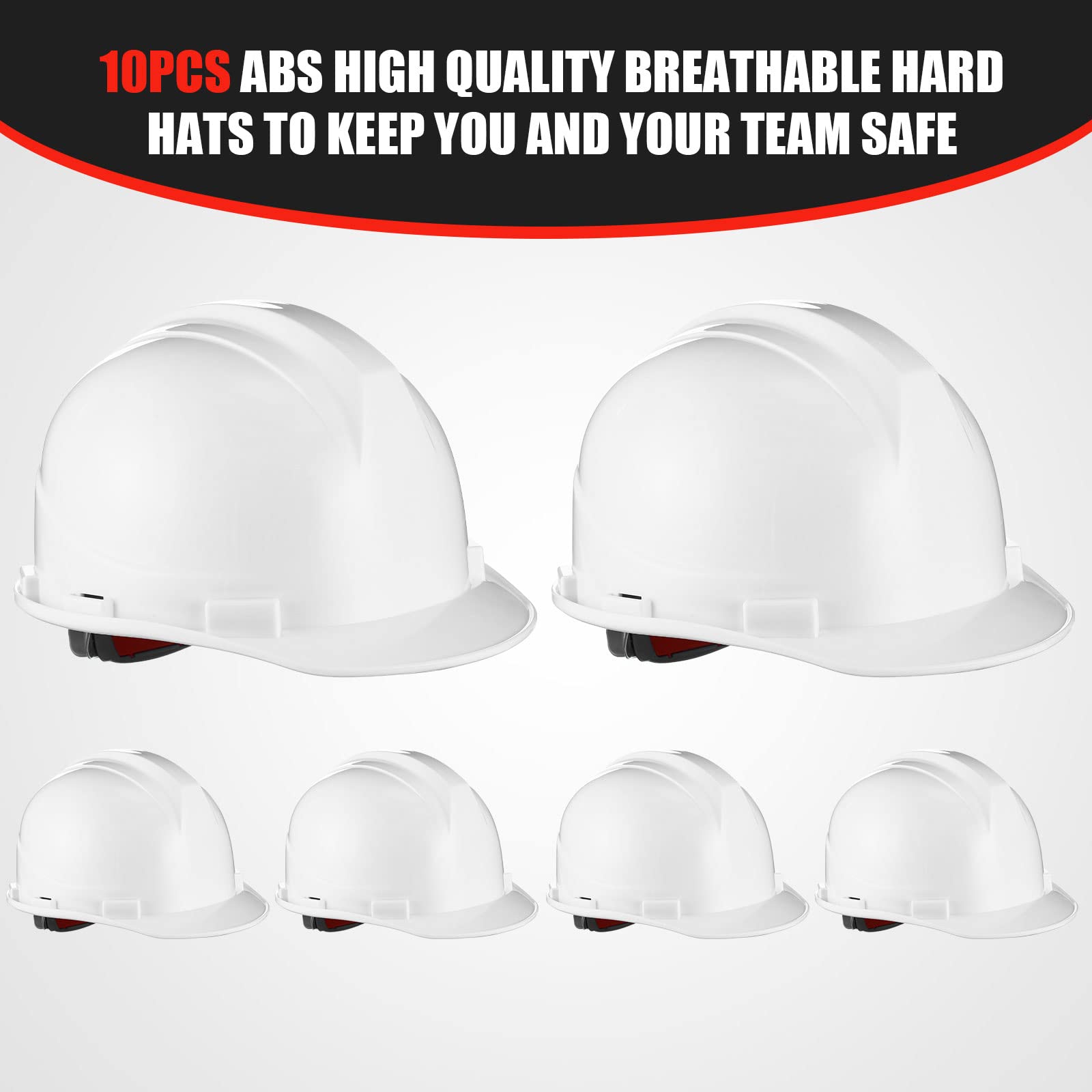 [10 Pcs] Suspension Hard Hat for Construction, Ratchet Cap Style w/ Self Adjusting Straps for Man & Woman