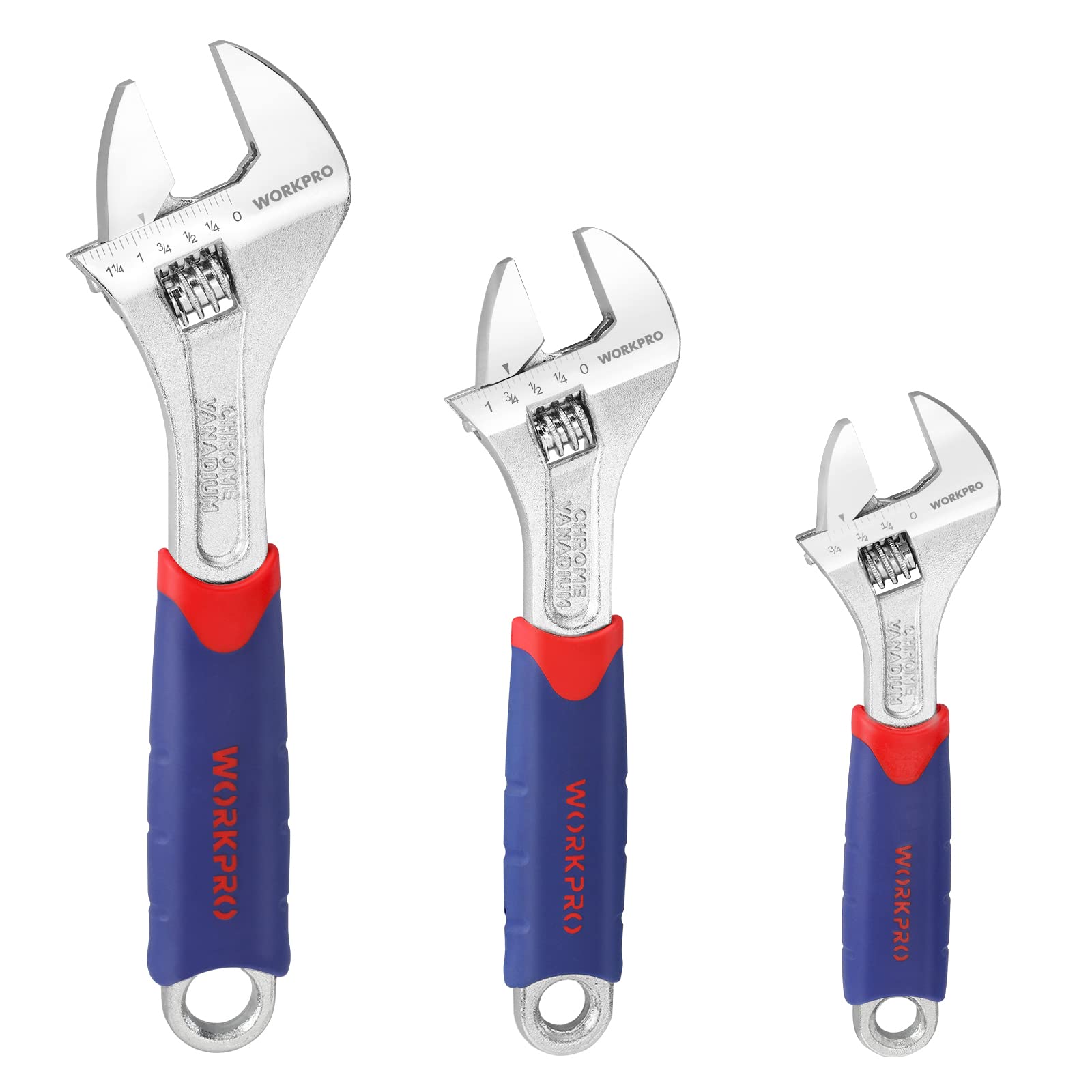 3-piece Adjustable Wrench Set CR-V with Rubberized Anti-Slip Grips 6-inch, 8-inch, 10-inch