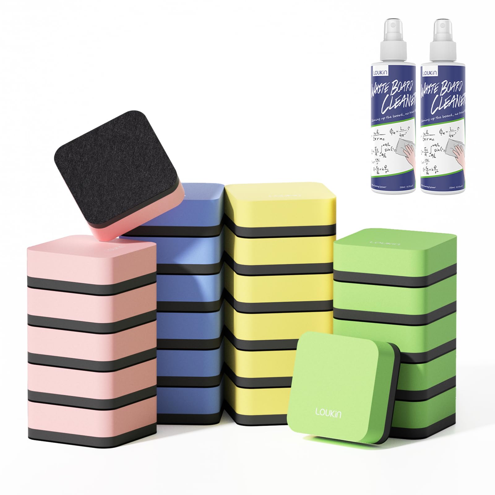 [12 / 24 PCS] Mini Magnetic Dry Erase Eraser w/ Free Bottle of 3.4 oz Whiteboard Cleaner