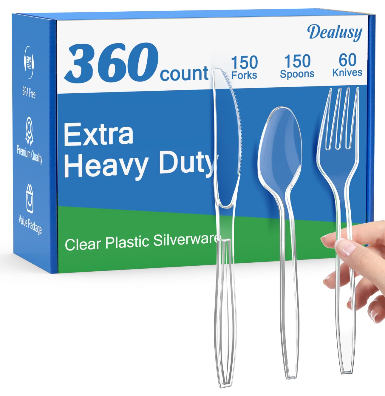 [360 CT] Extra Heavy Duty Clear Plastic Silverware - 150 Forks, 150 Spoons, 60 Knives