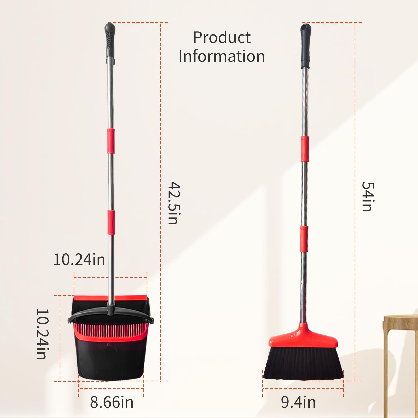 Broom and dustpan set(51" long), Adjustable length stainless steel broomstick