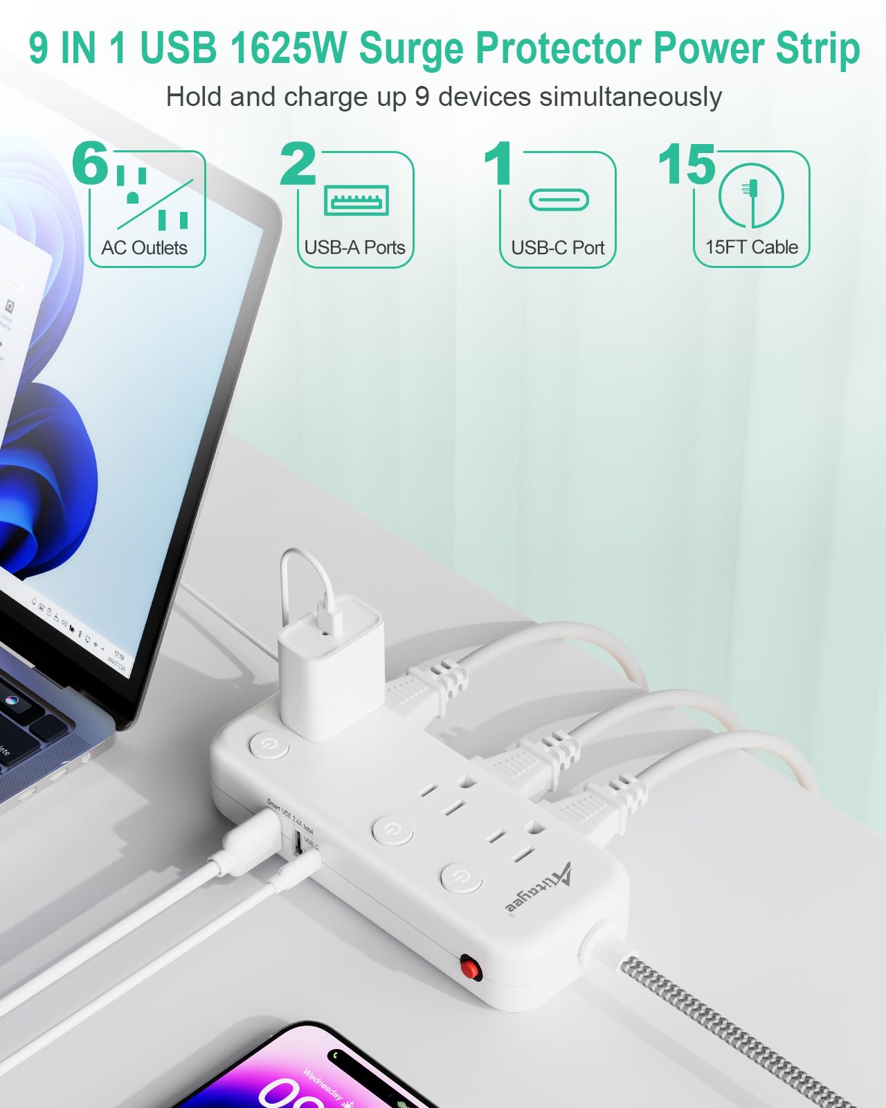 5, 15FT Surge Protector Power Strip with Individual Switches