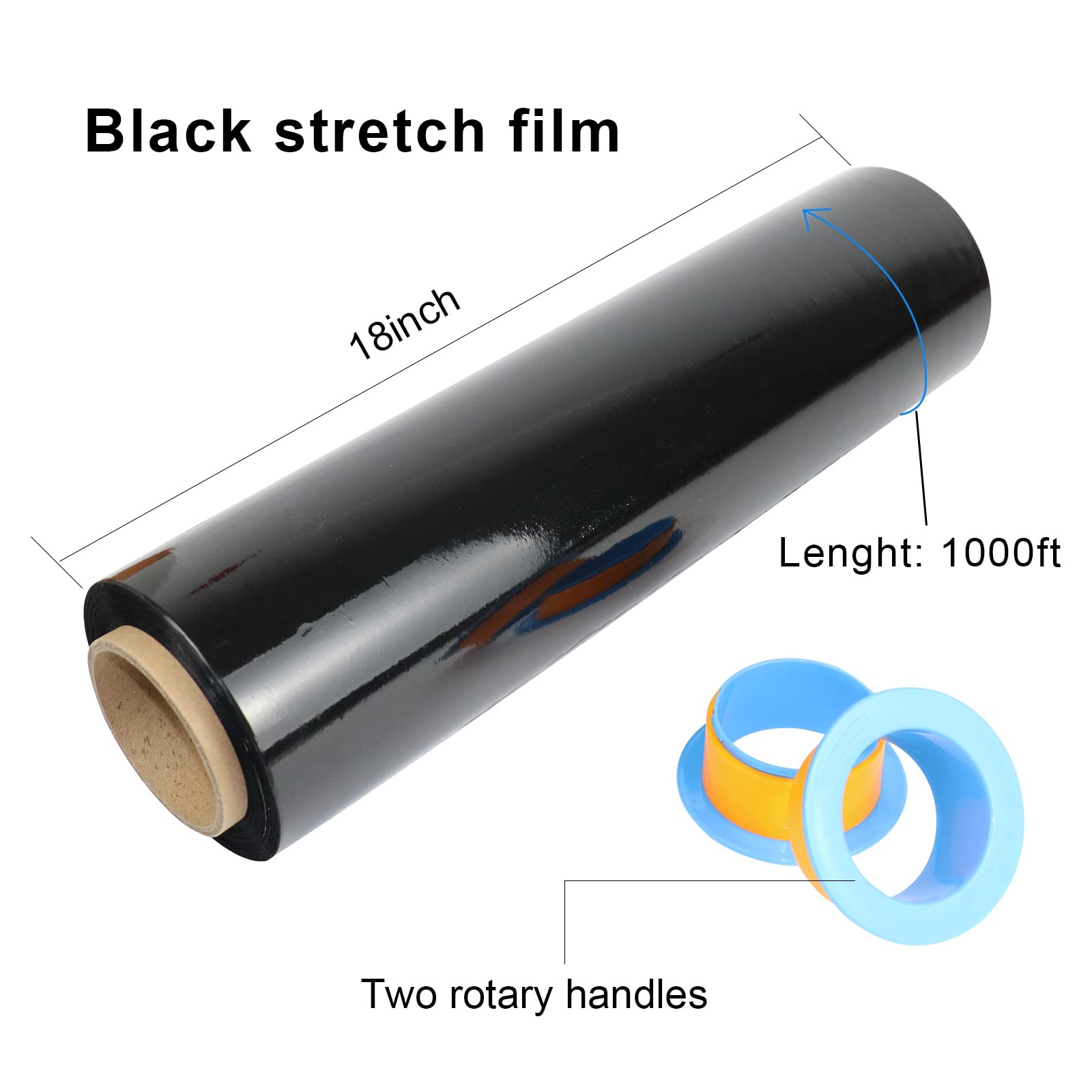 Black & Clear Stretch Wrap Industrial Strength with Plastic Handle 18" x 1000 Feet 80 Gauge 4 Pack