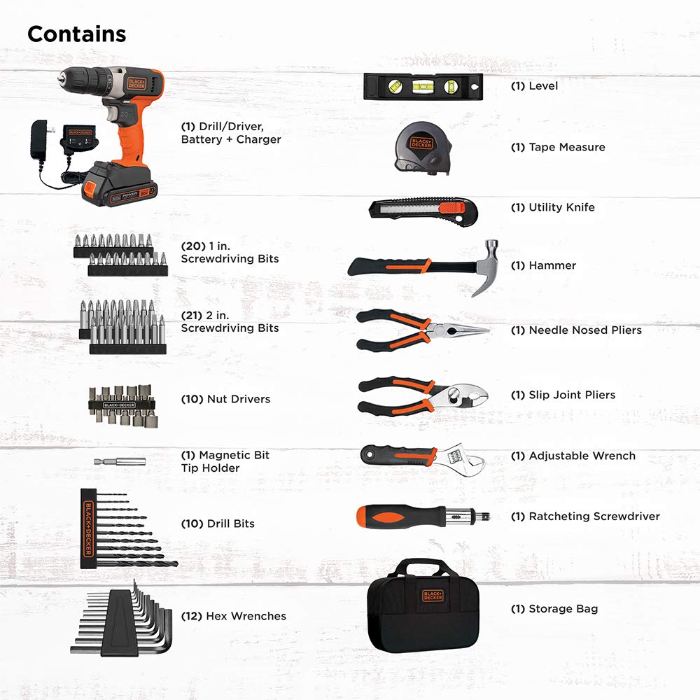 BLACK+DECKER Home Tool Kit with 20V MAX Drill/Driver, 83-Piece (BDPK70284C1AEV), BDPK70284C1AEV