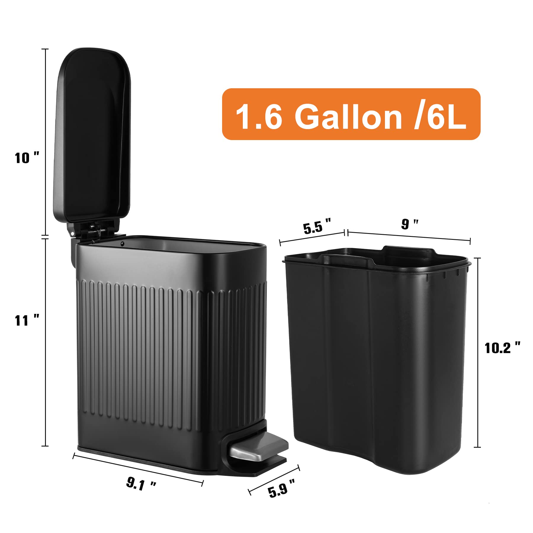 Slim Bathroom Trash Can with Lid Soft Close, 6 Liter/1.6 Gallon