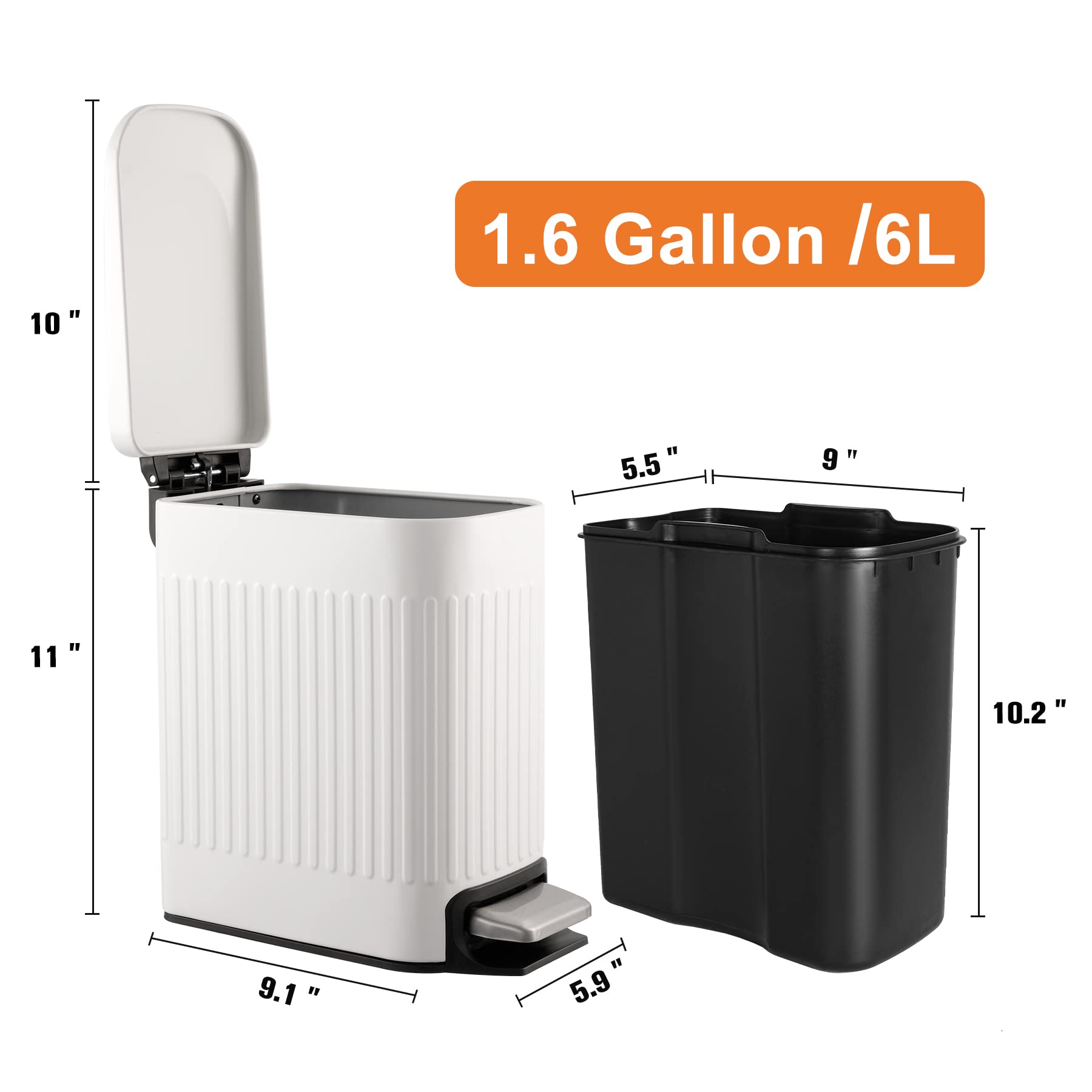 Slim Bathroom Trash Can with Lid Soft Close, 6 Liter/1.6 Gallon