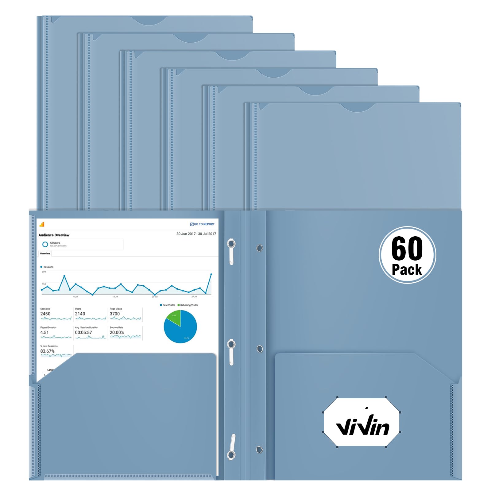 [6 & 60 Pack] ViVin Heavy Duty Folders with Clear Front Pocket, Plastic Folder with fastener