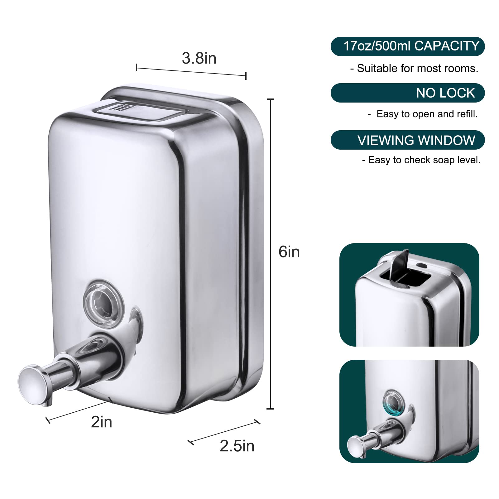 Commercial Soap Dispenser Wall Mount Stainless Steel (17 Fl Oz / 34 Fl Oz)