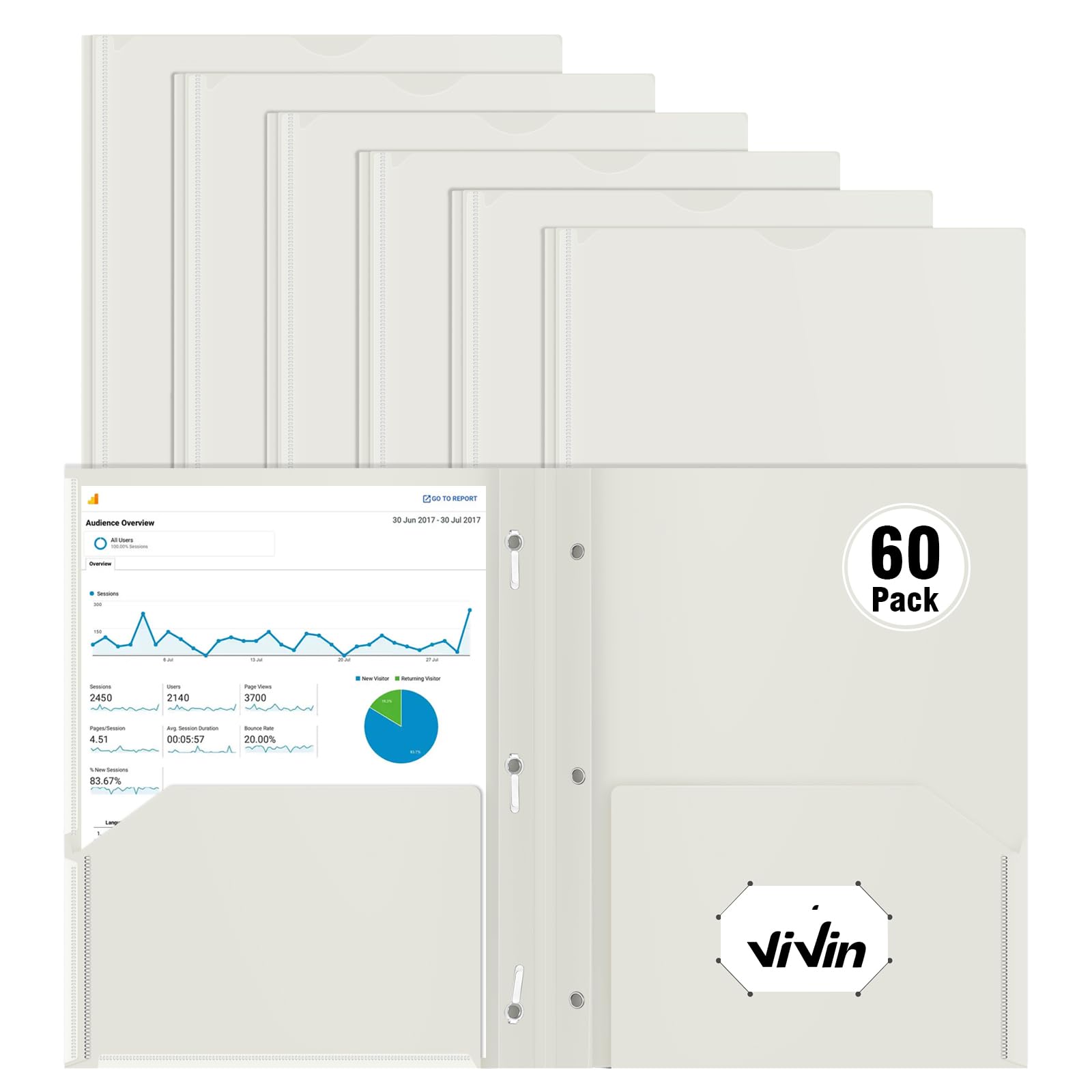 [6 & 60 Pack] ViVin Heavy Duty Folders with Clear Front Pocket, Plastic Folder with fastener