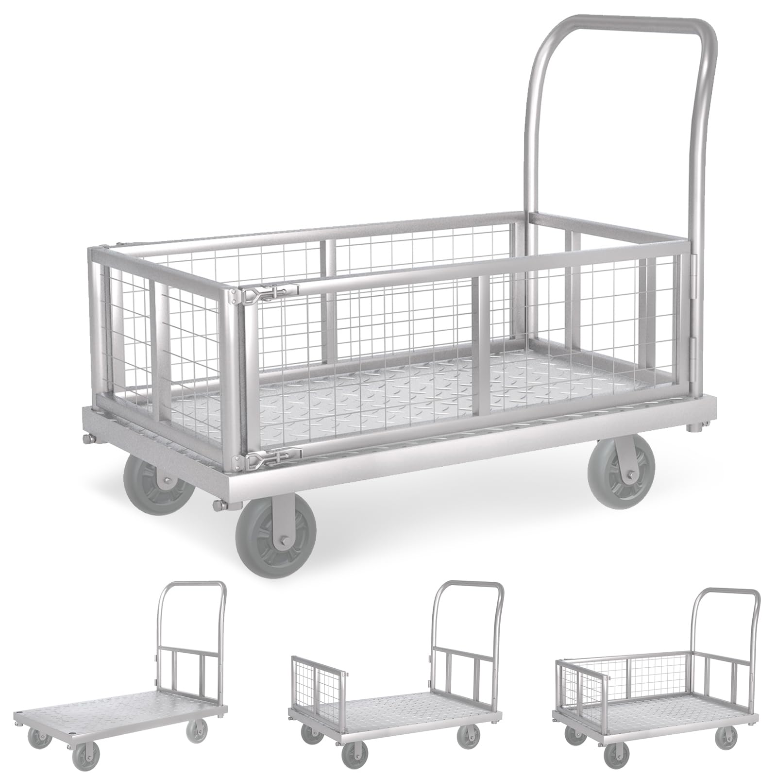 Platform Truck Cart with Cage 4-in-1 Push Cart Dolly Load 1800LBS W/Swivel Casters (39" x24")