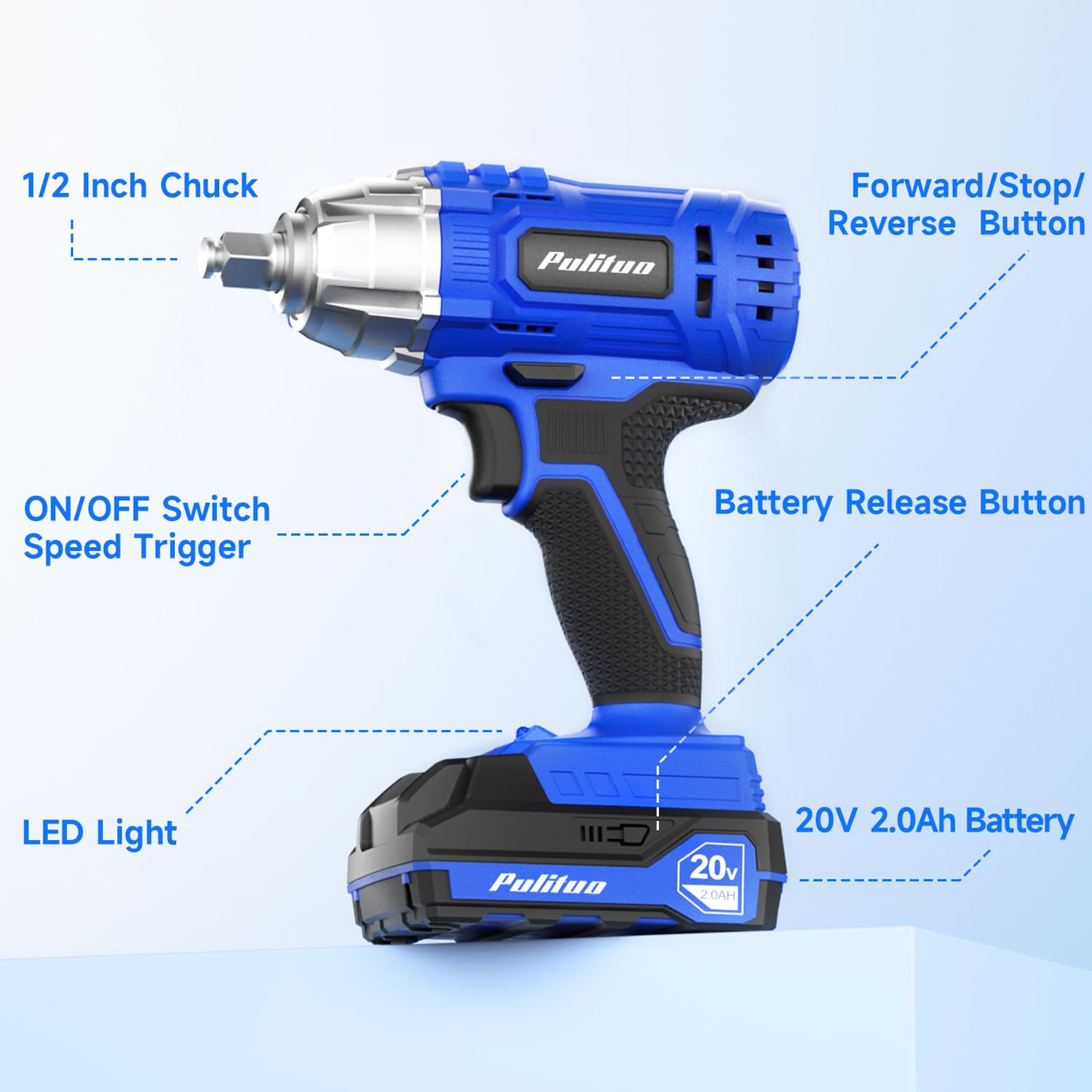PULITUO Cordless Impact Wrench 1/2 Inch, 20V Electric Power Impact Gun Lightweight Design