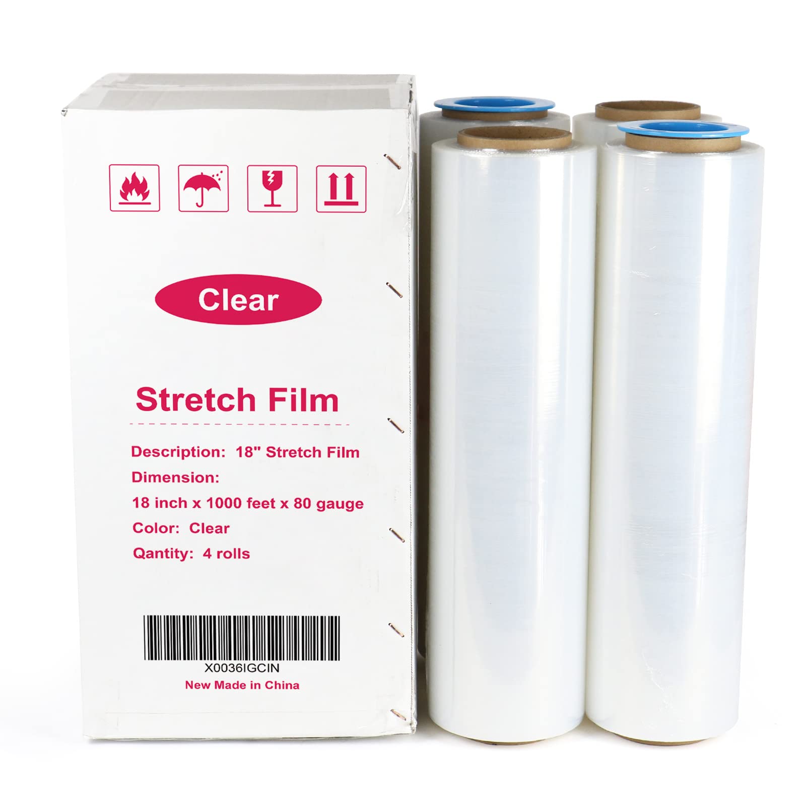 Black & Clear Stretch Wrap Industrial Strength with Plastic Handle 18" x 1000 Feet 80 Gauge 4 Pack