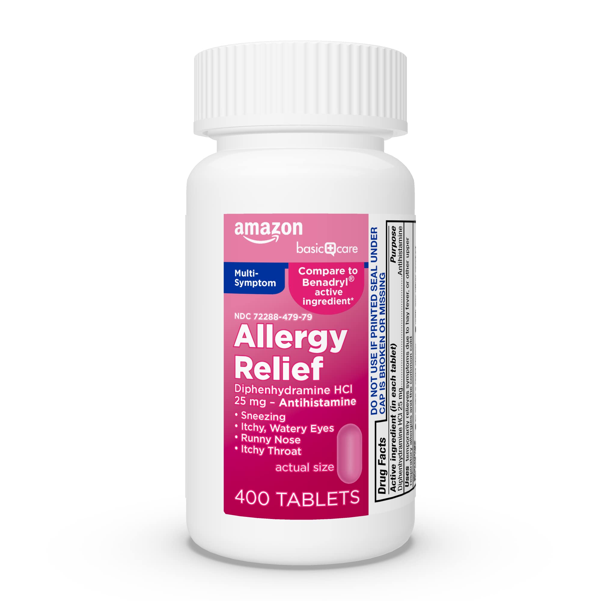 Amazon Basic Care Complete Allergy Relief, Diphenhydramine HCl 25 mg, Relieves Symptoms, Antihistamine Tablets, 400 Count