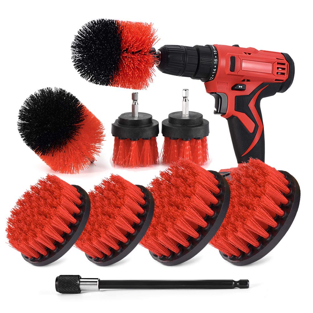 4-Piece Cleaning Brush Set - 2-In, 3.5-In, 4-In, 5-Ih Round Flat Brushes and 6-In Extended Reach Attachment for Drill