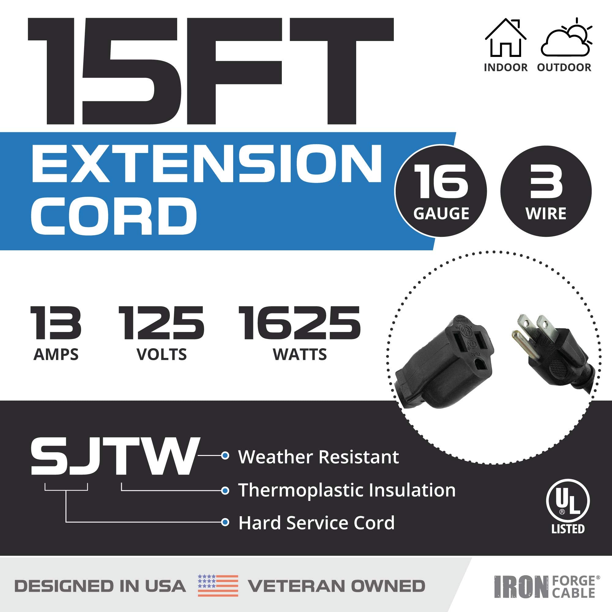 Weatherproof Outdoor Extension Cord, 16/3 SJTW Heavy Duty Black Extension Cord 3 Prong, 13 Amp Exterior Power Cable