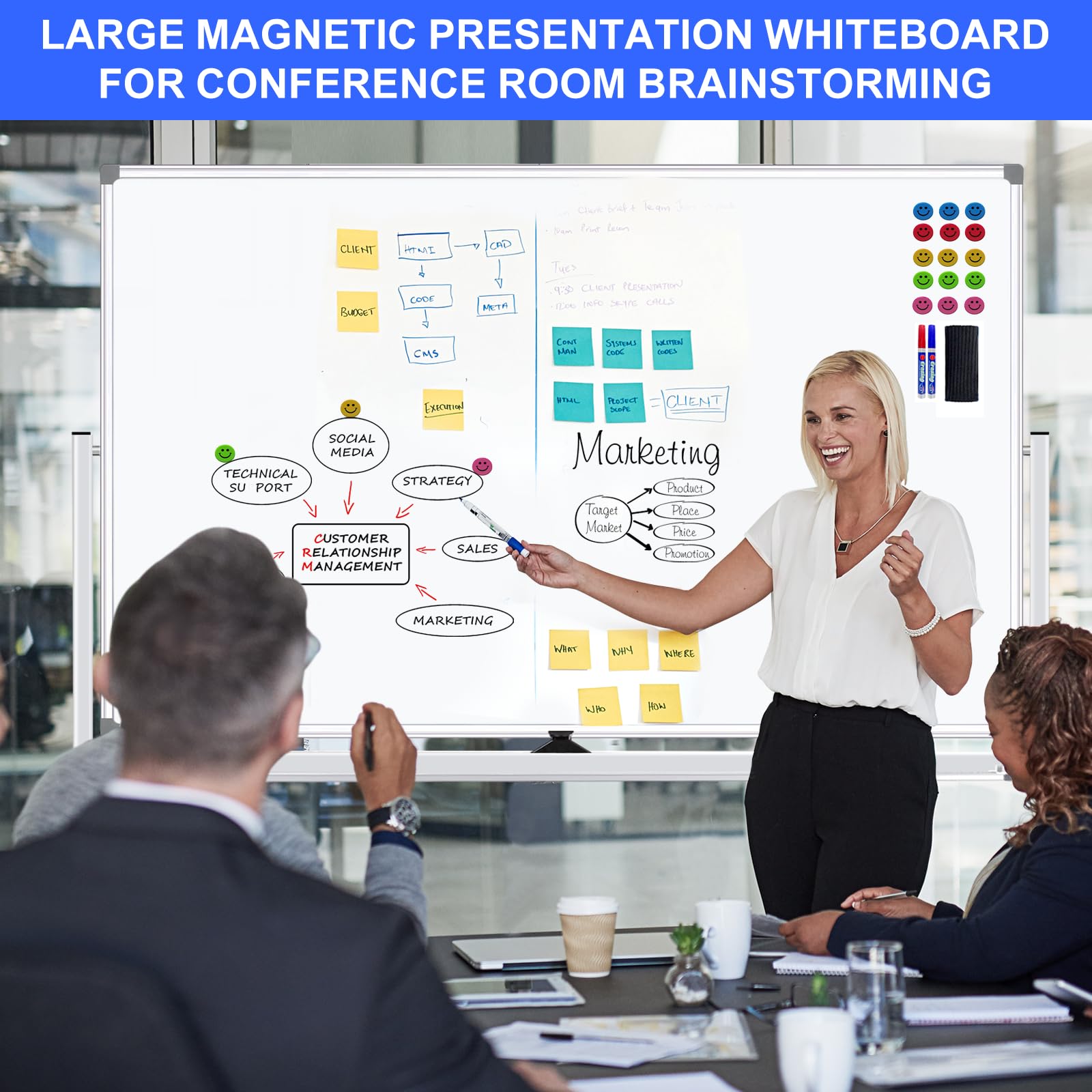 [1 Set] Large Double-Sided Mobile Magnetic Whiteboard with Stand