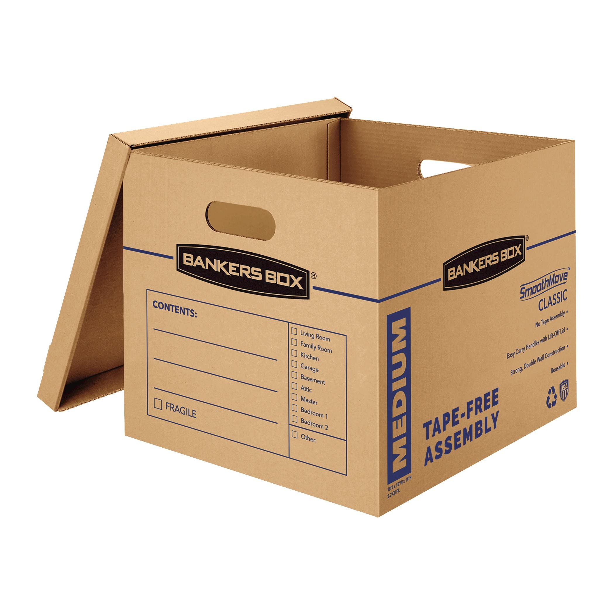 Bankers Box 8 Pack Medium Classic Moving Boxes, Tape-Free with Reinforced Handles