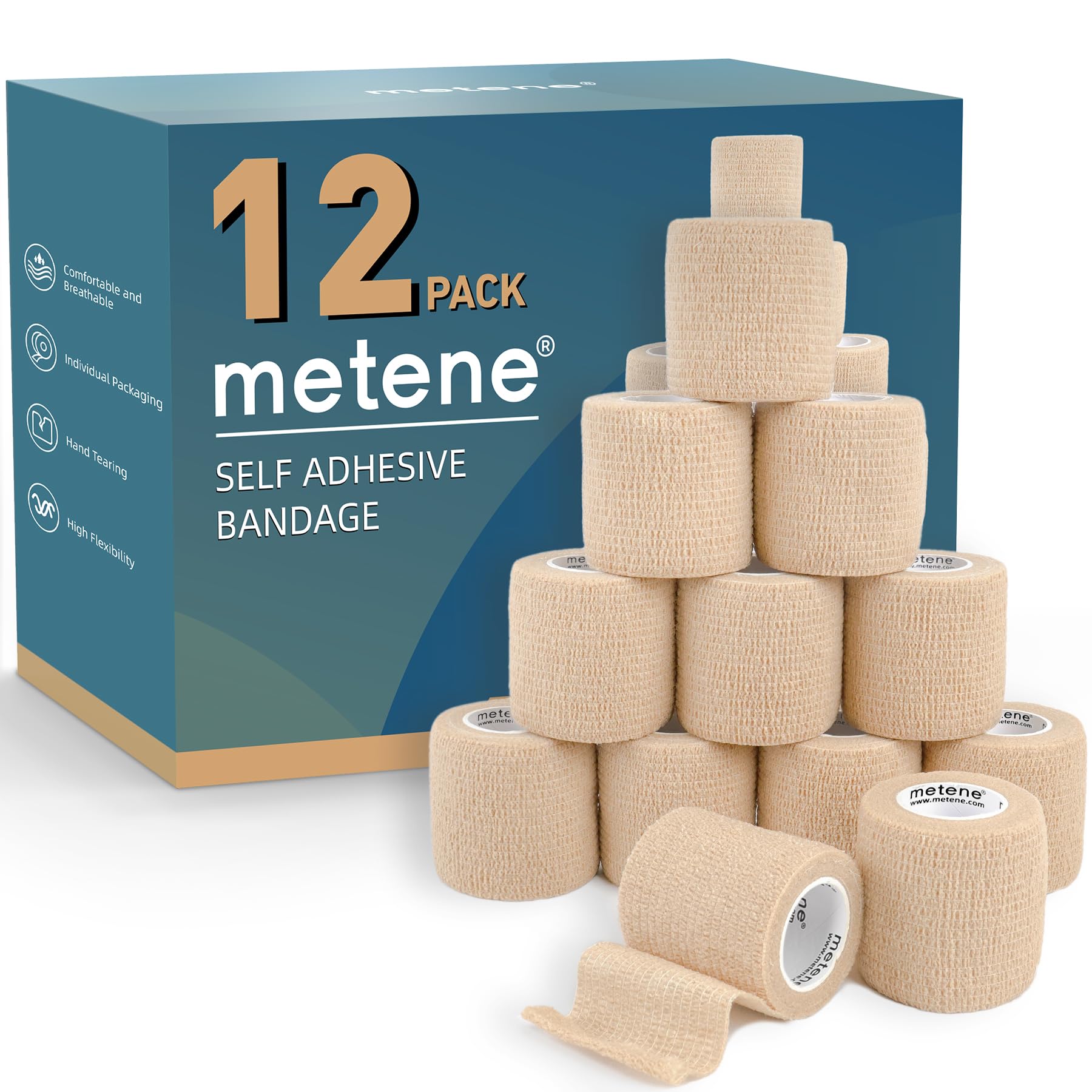 [12 Pack] Metene Self Adhesive Bandage Wrap, Athletic Tape 2 Inches X 5 Yards