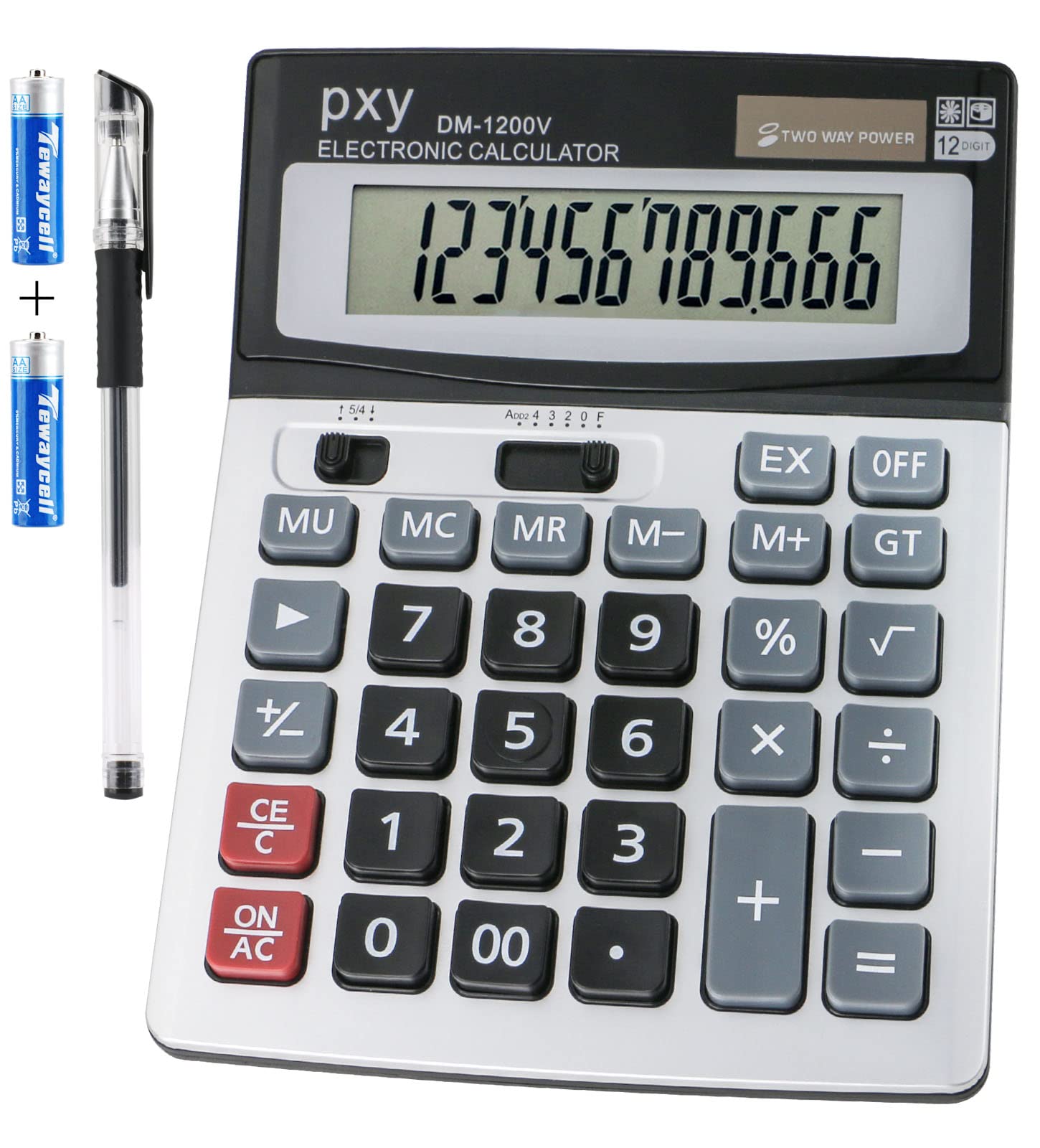 Desk Calculator 12 Digit Extra Large LCD Display, PXY Two Way Power Battery and Solar Calculators