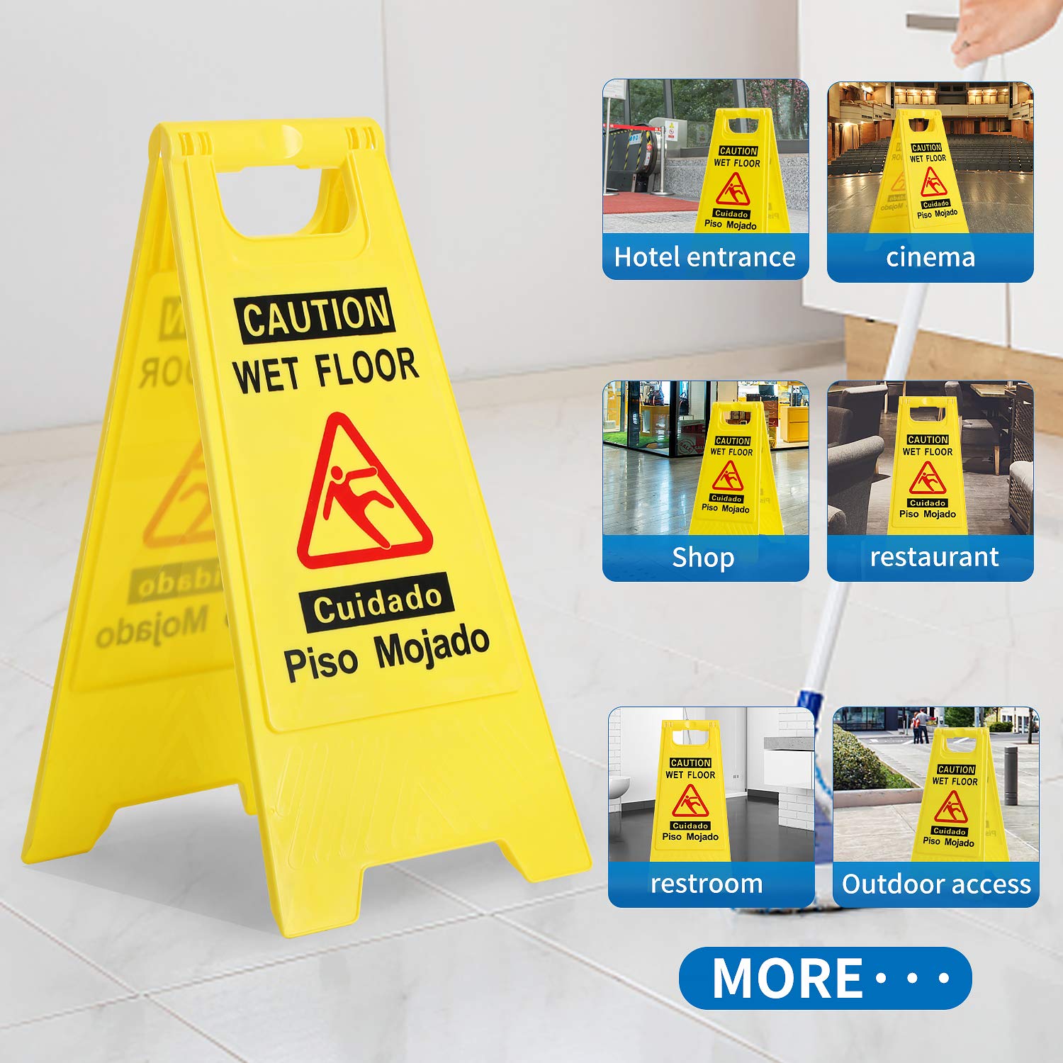 Foldable Sturdy Bilingual Safety Warning Wet Floor Sign - 2/4/6 Pack