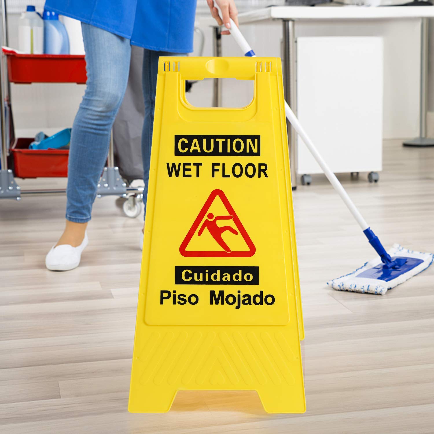 Foldable Sturdy Bilingual Safety Warning Wet Floor Sign - 2/4/6 Pack