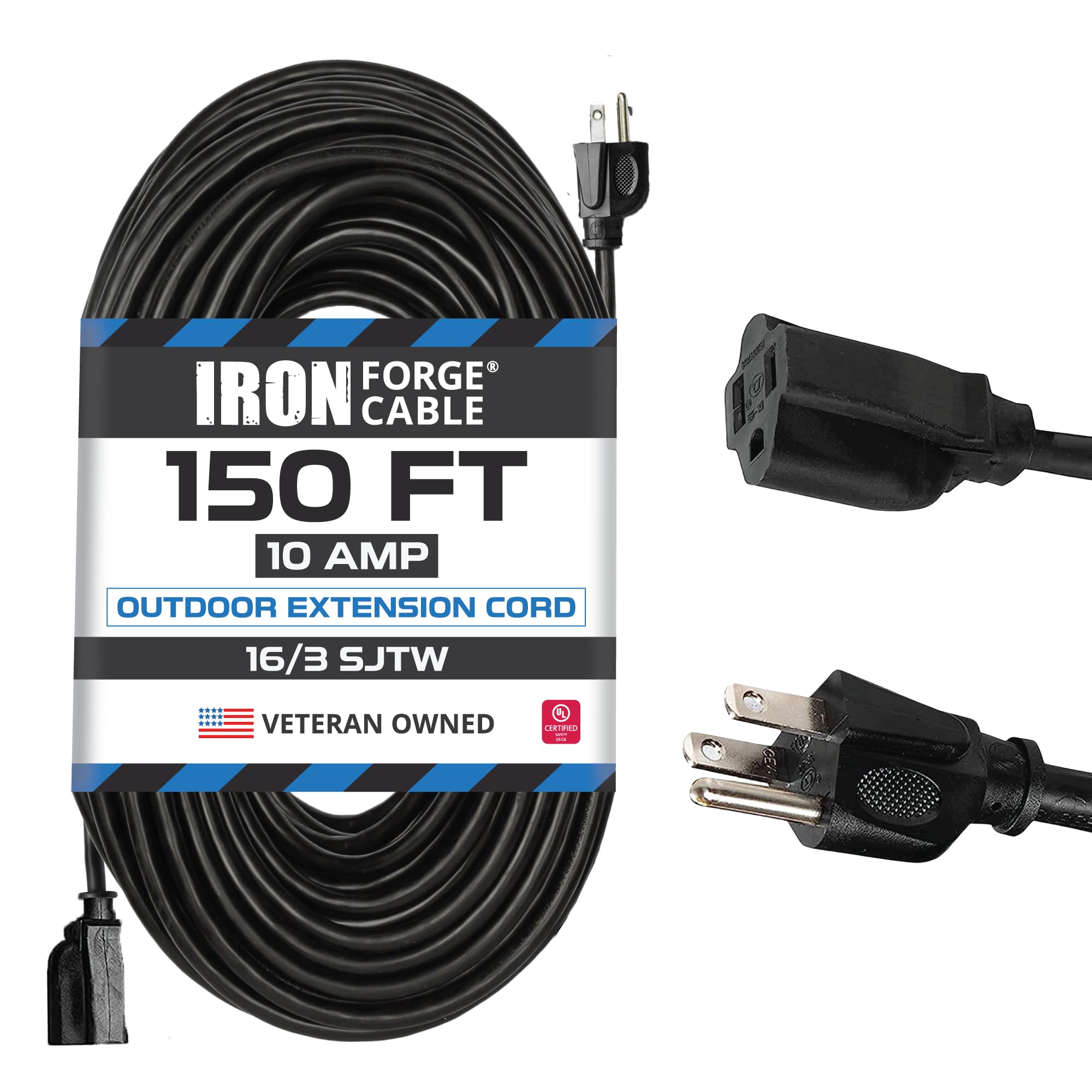 Weatherproof Outdoor Extension Cord, 16/3 SJTW Heavy Duty Black Extension Cord 3 Prong, 13 Amp Exterior Power Cable