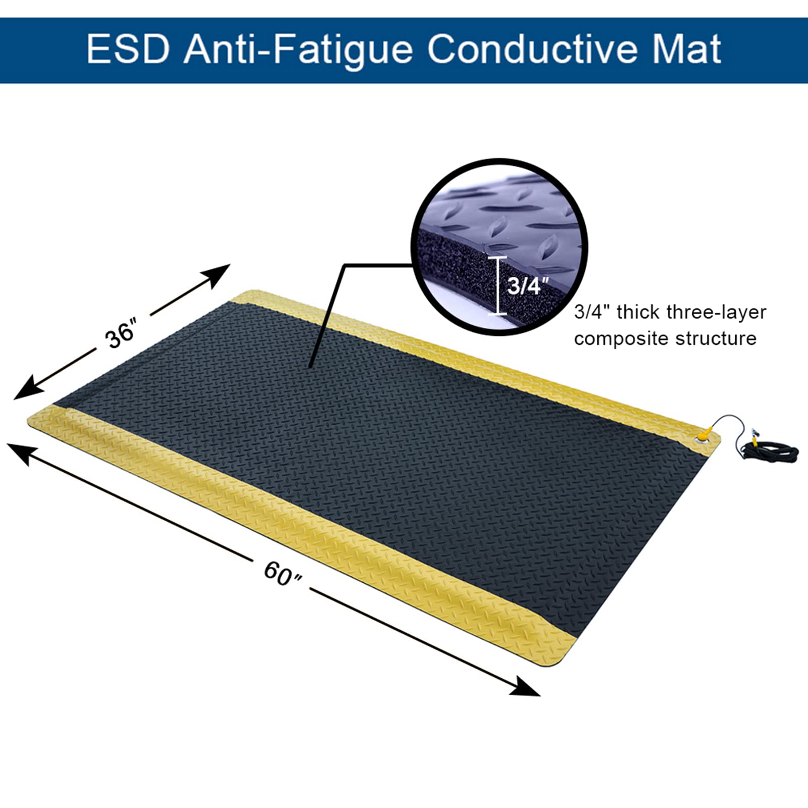 3' x 5' ESD Anti-Fatigue Conductive Mat, Durable Heavy Duty Diamond Plate