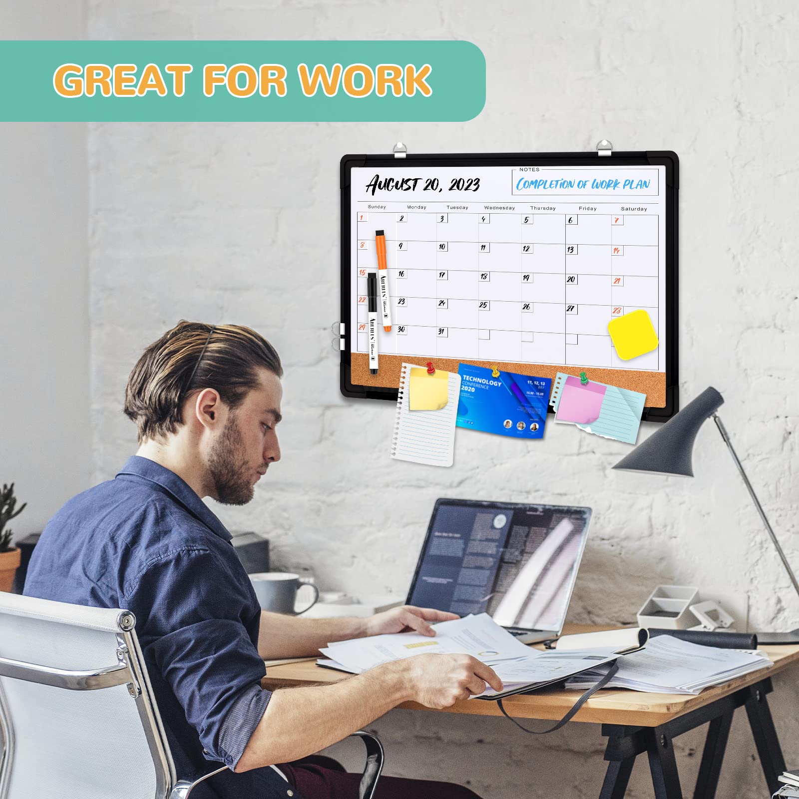 [1 Set] Double-Sided Monthly Calendar Whiteboard with Cork Strip, 17" x 13"