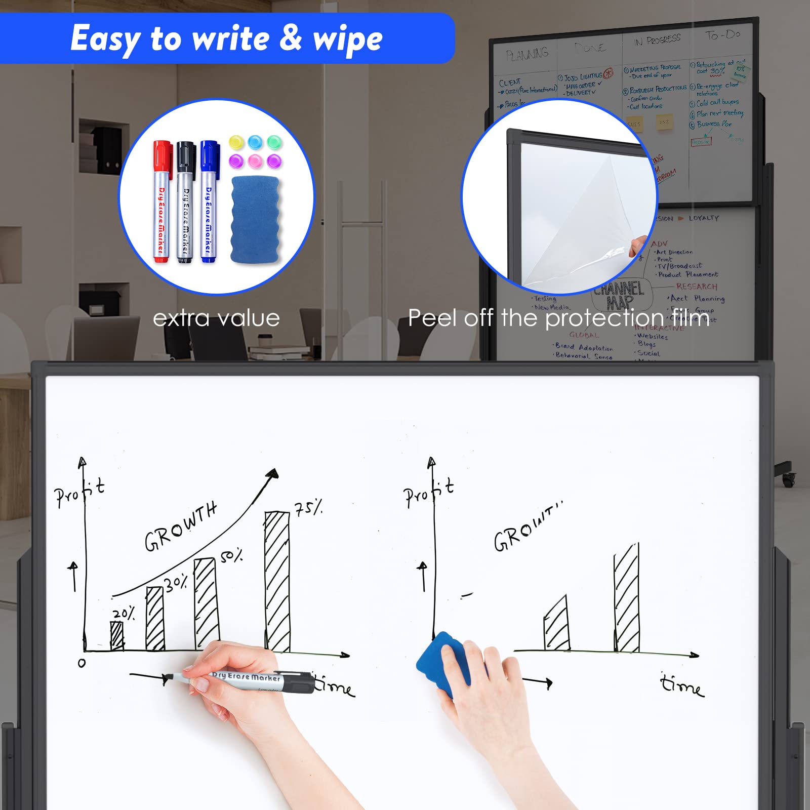 [1 Set] Double Sided Dry Erase Whiteboard, Large Standing Easel, Rolling & Height Adjustable