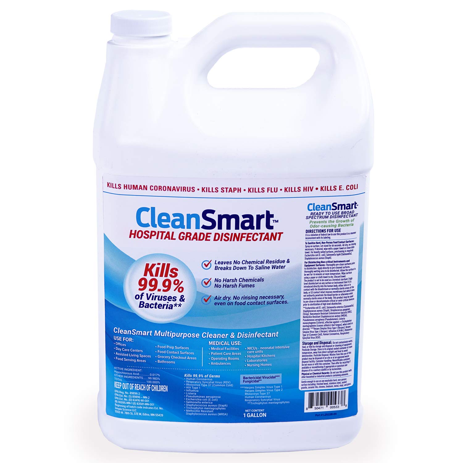 CleanSmart Disinfectant, Kills 99.9% of Viruses and Bacteria, EPA Registered, 1 Gallon (HOCL) - 1 & 4 Pack