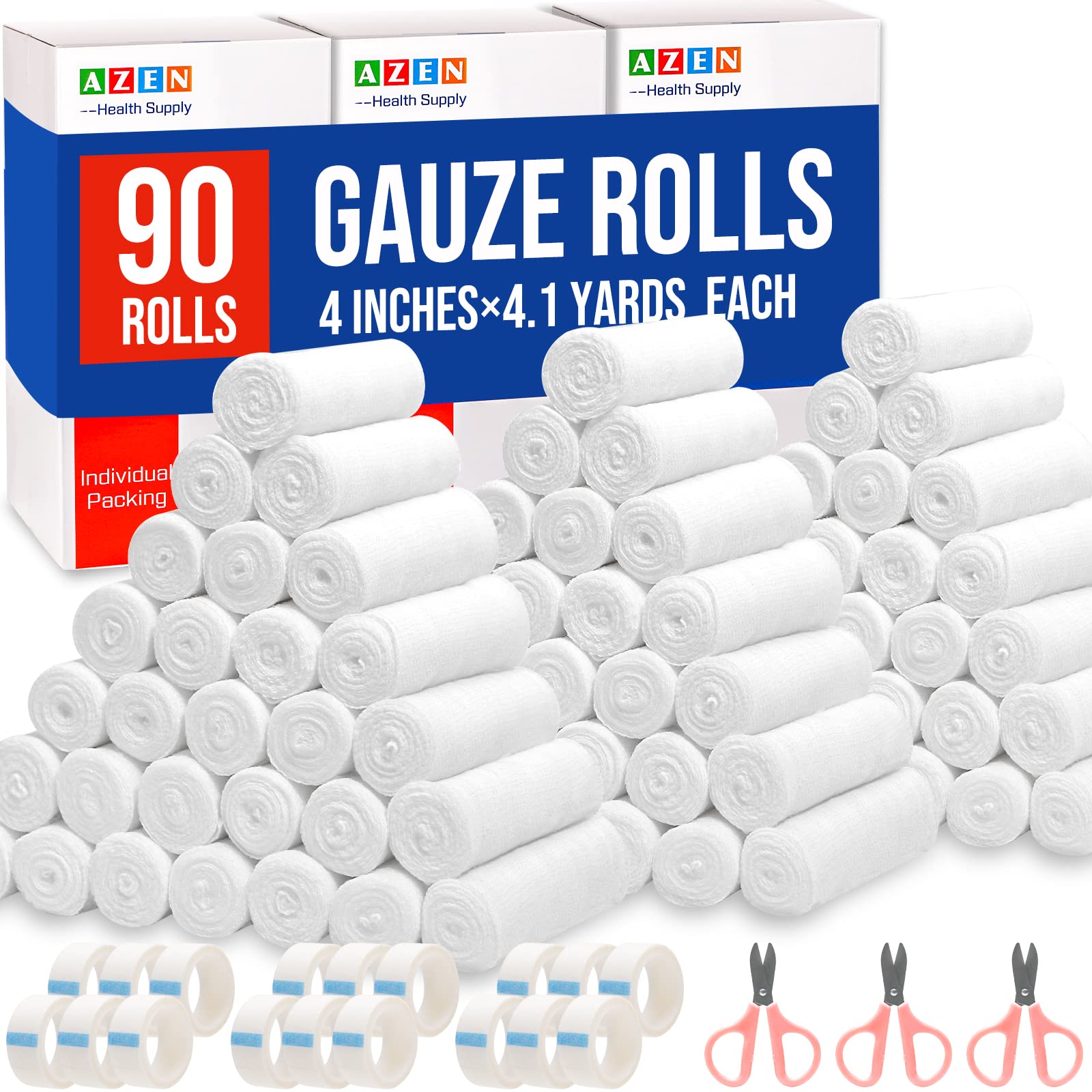 12 /20/30/90 Pack Gauze Rolls Bandages, 4 in x 4.1 Yards, Premium Medical Supplies & First Aid Supplies, Bandage Wrap Vet Wrap, Mummy Wraps