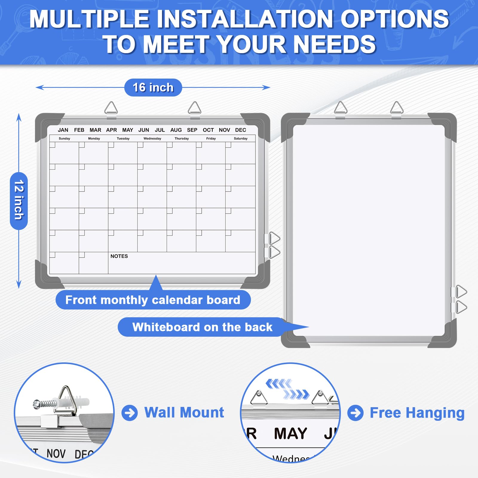[1 Set] 2 Double-Sided Whiteboards - Monthly & Weekly Planner, 16" x 12"